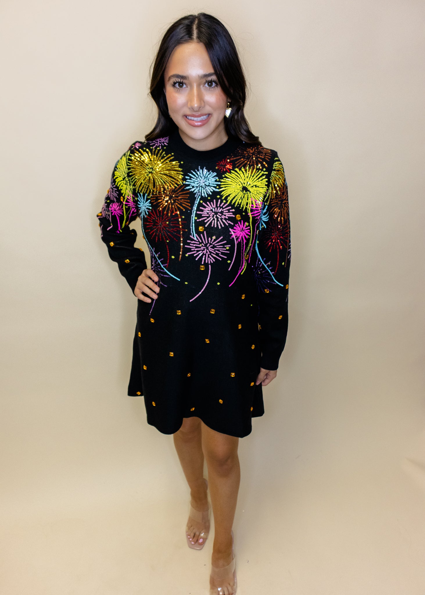 Black Multi Rainbow Firework Jeweled Sweater Dress