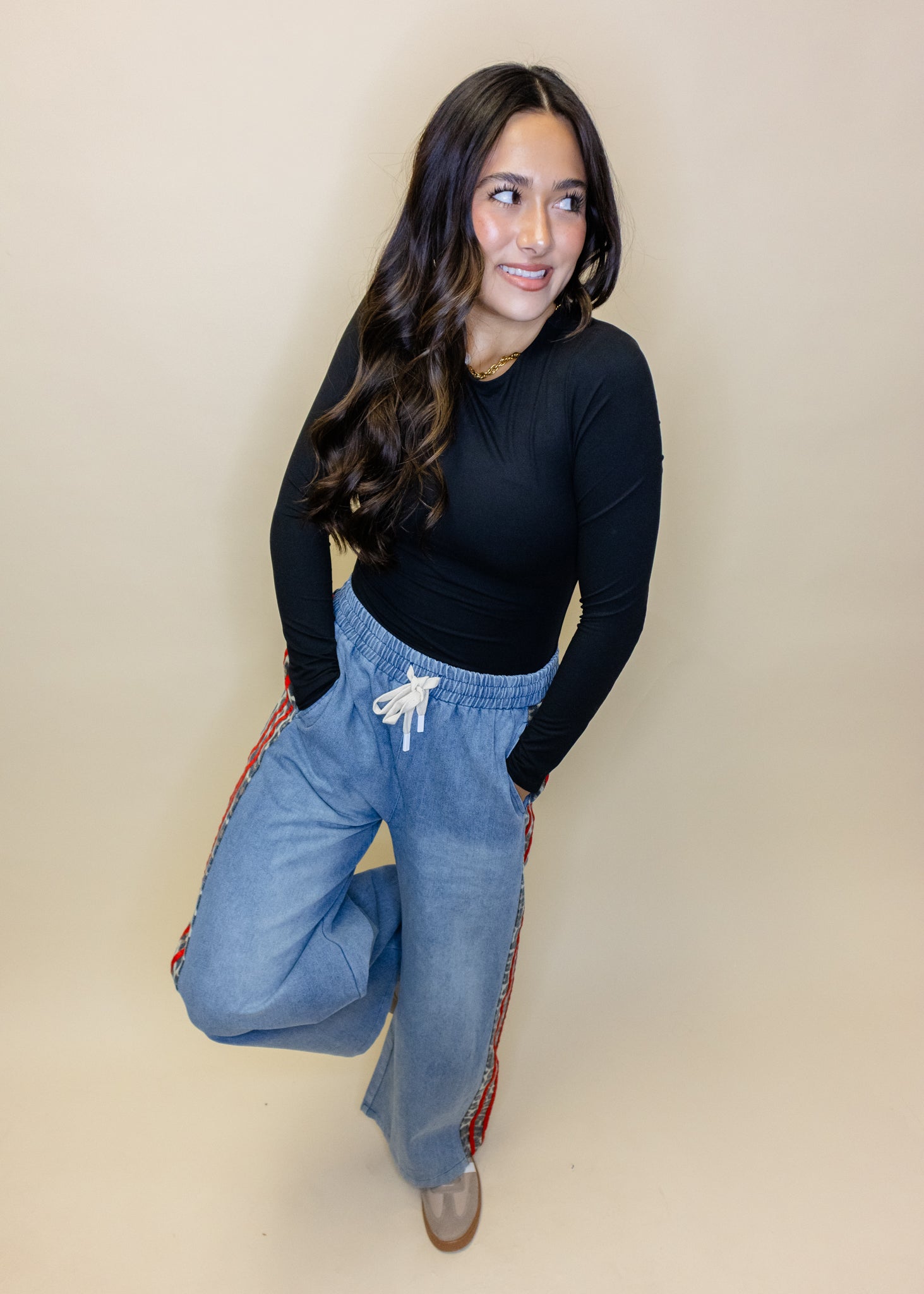 Denim Leopard Red Stripe Pants