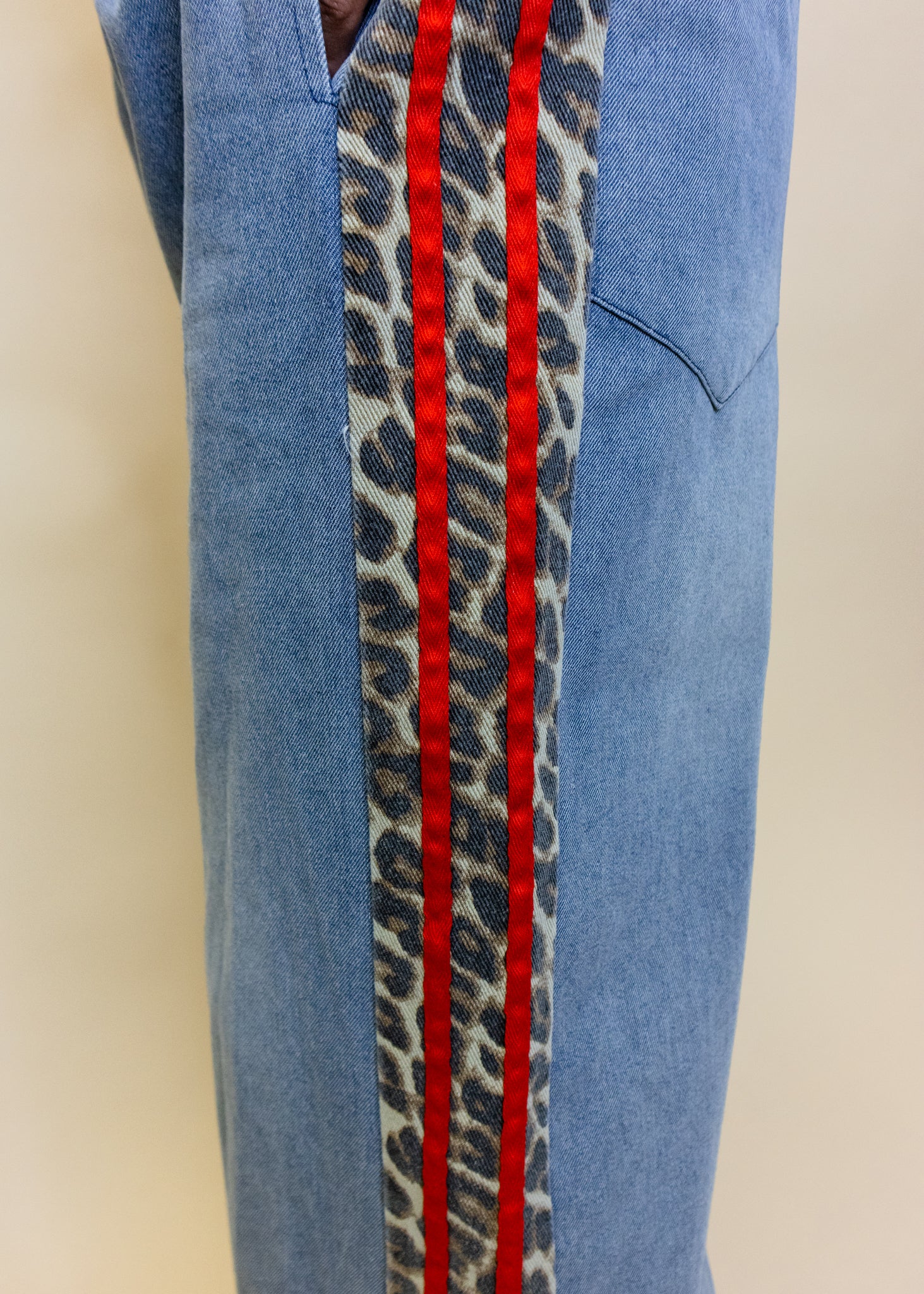Denim Leopard Red Stripe Pants