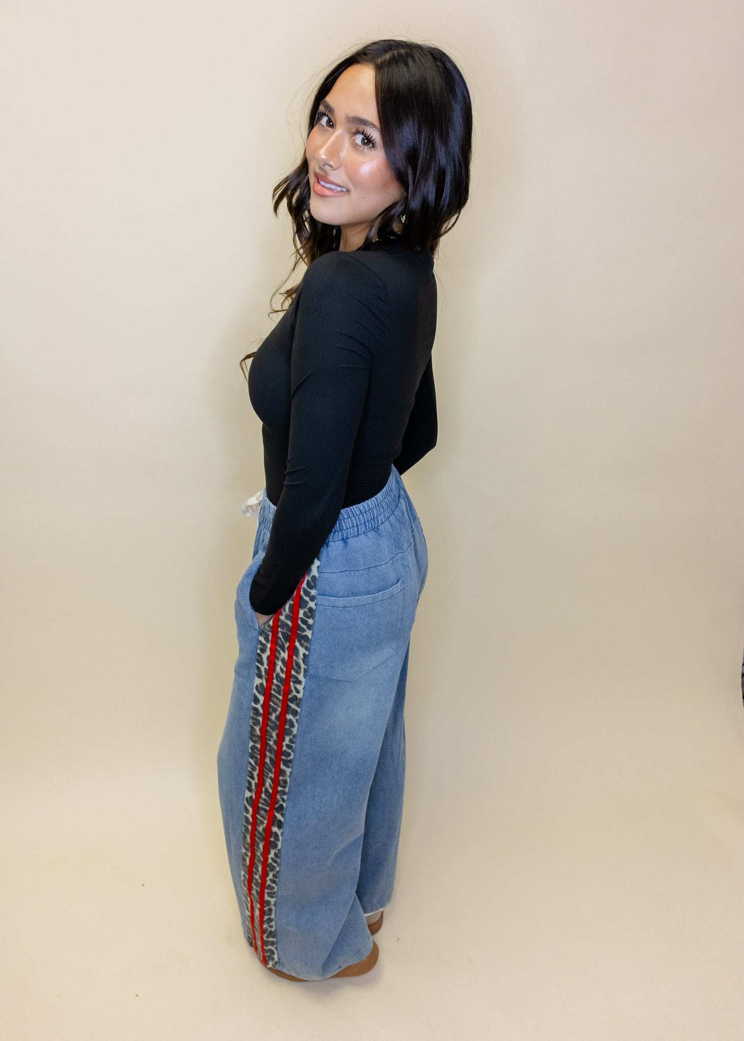 Denim Leopard Red Stripe Pants