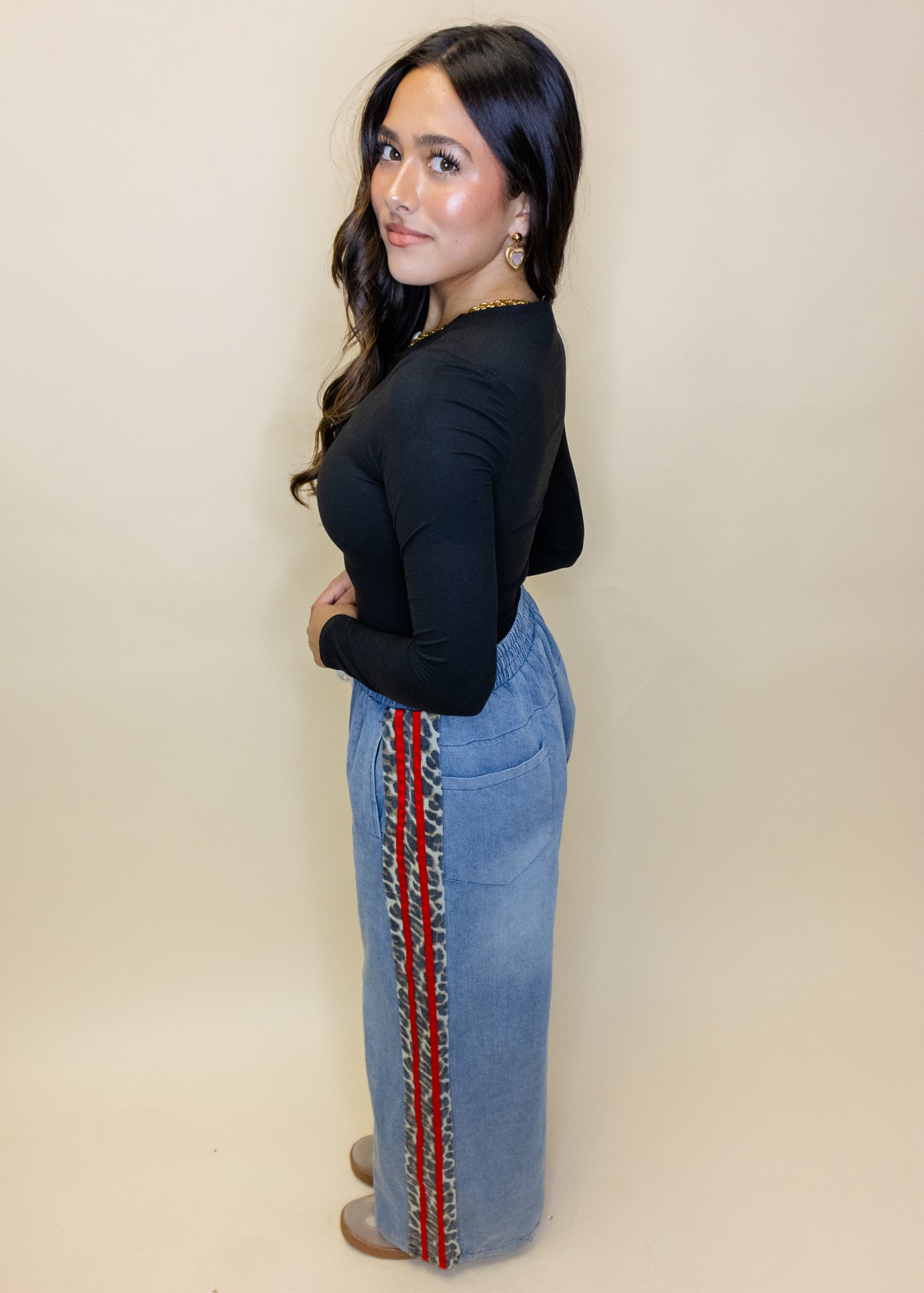 Denim Leopard Red Stripe Pants