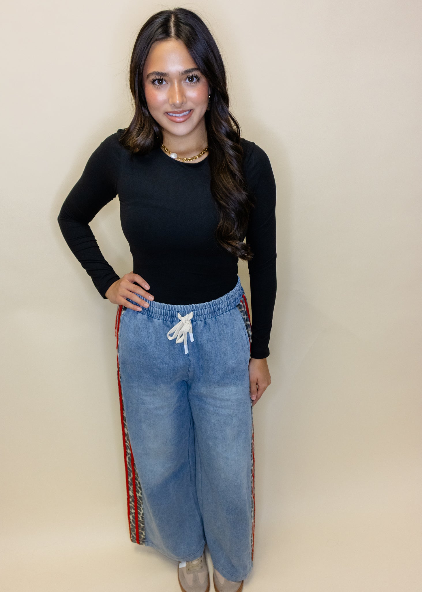 Denim Leopard Red Stripe Pants