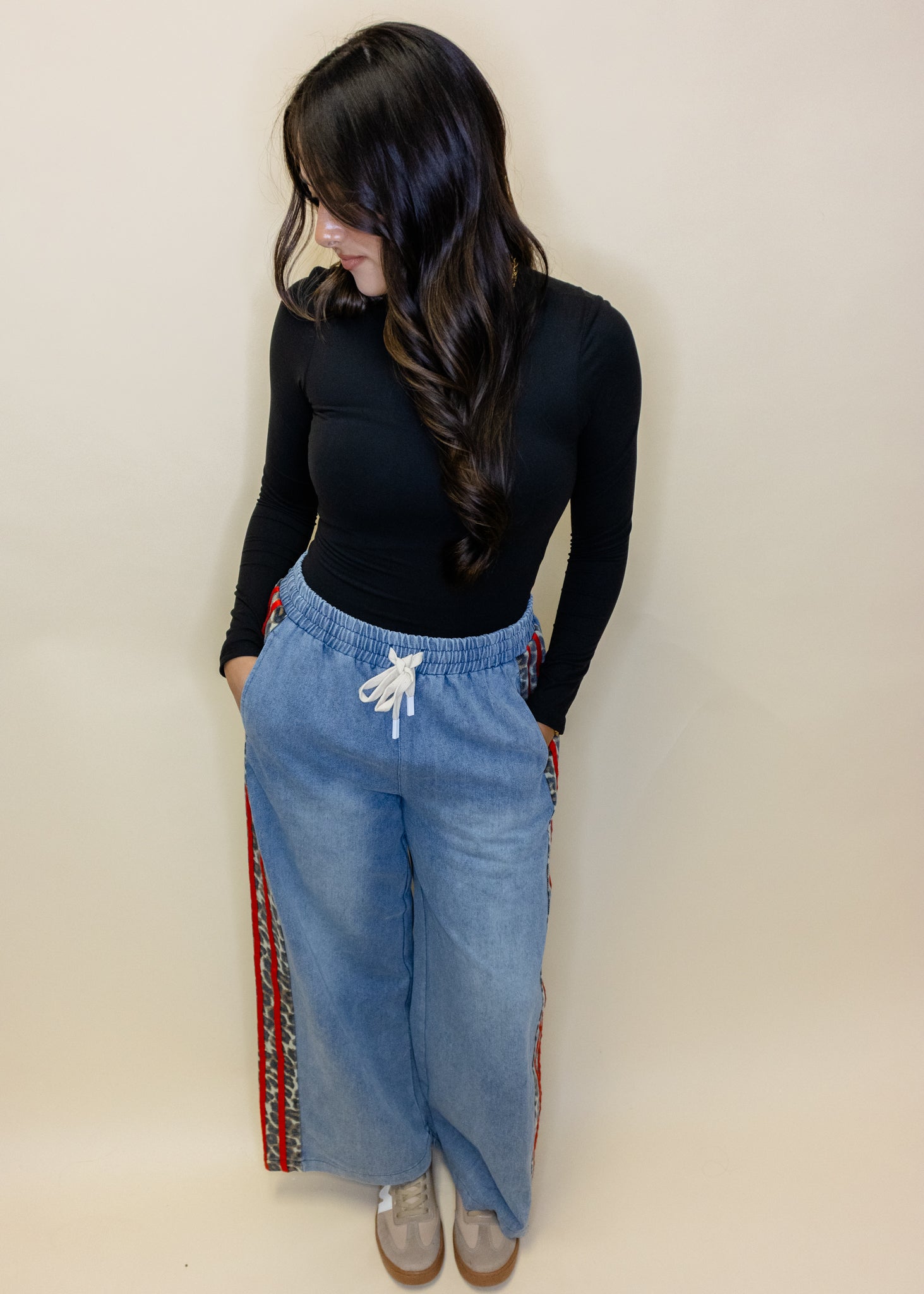 Denim Leopard Red Stripe Pants