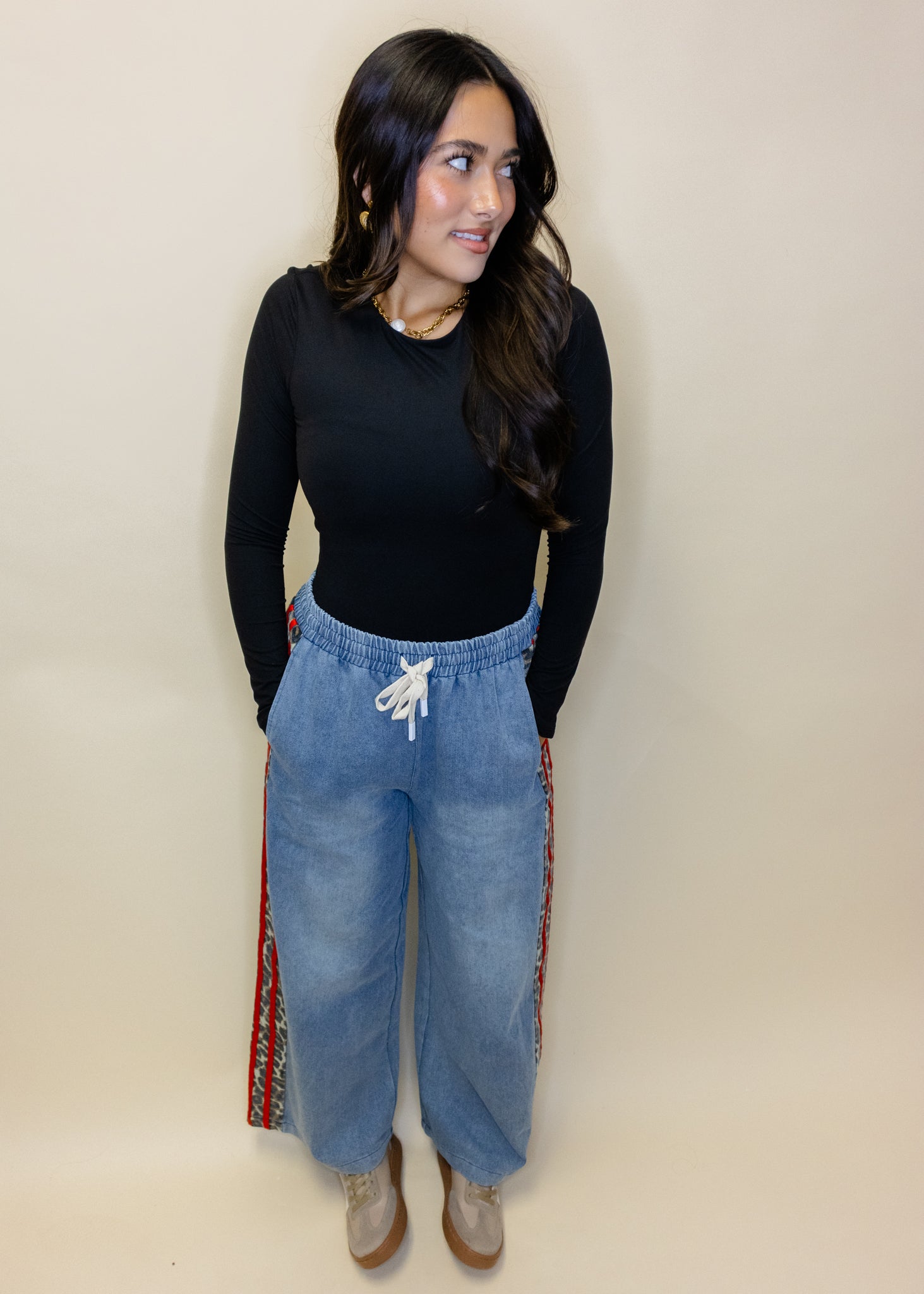 Denim Leopard Red Stripe Pants