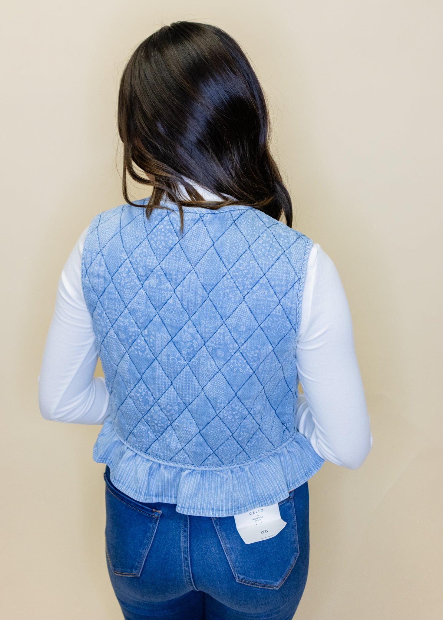 Denim Floral Quilted Ruffle Vest