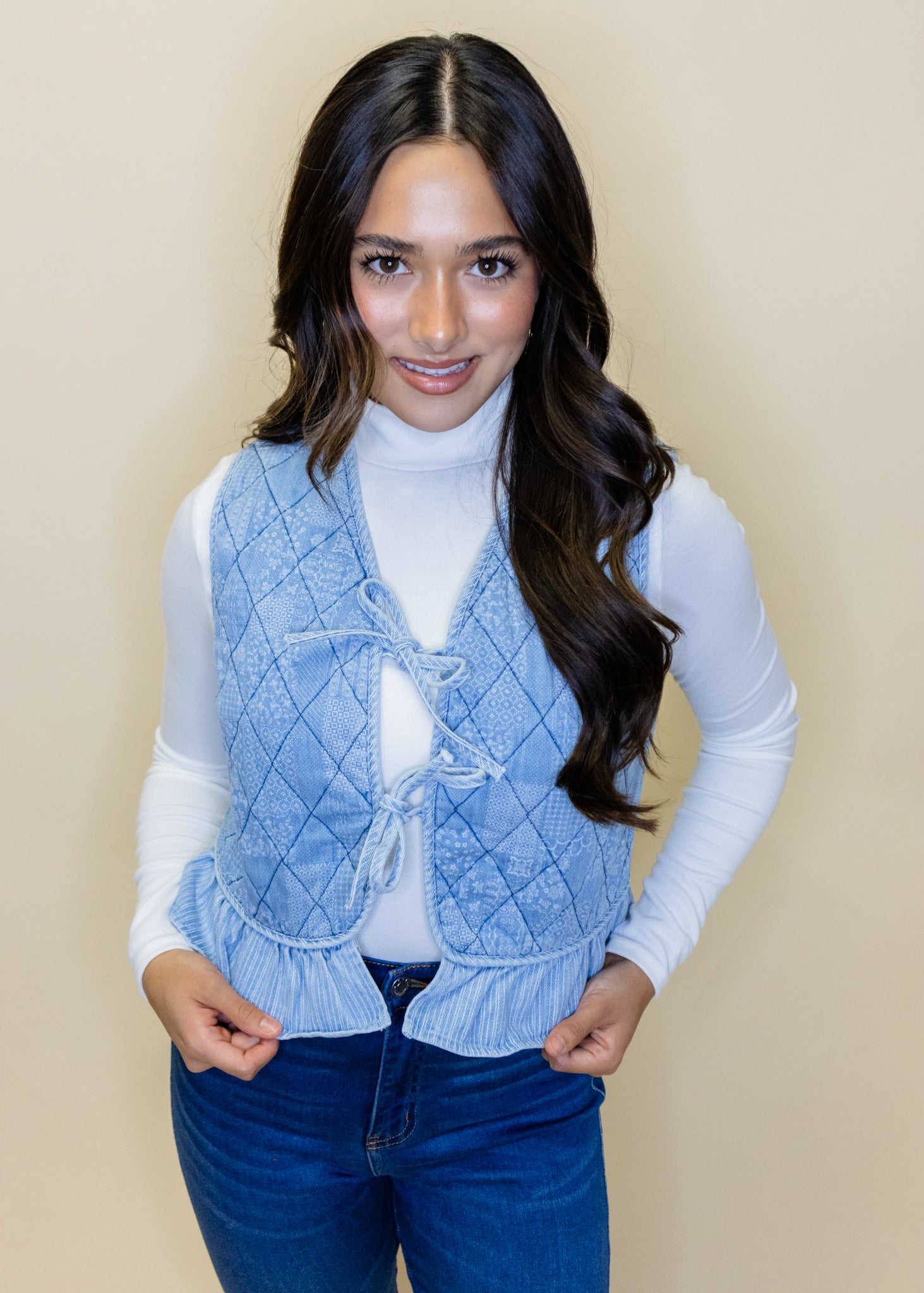 Denim Floral Quilted Ruffle Vest