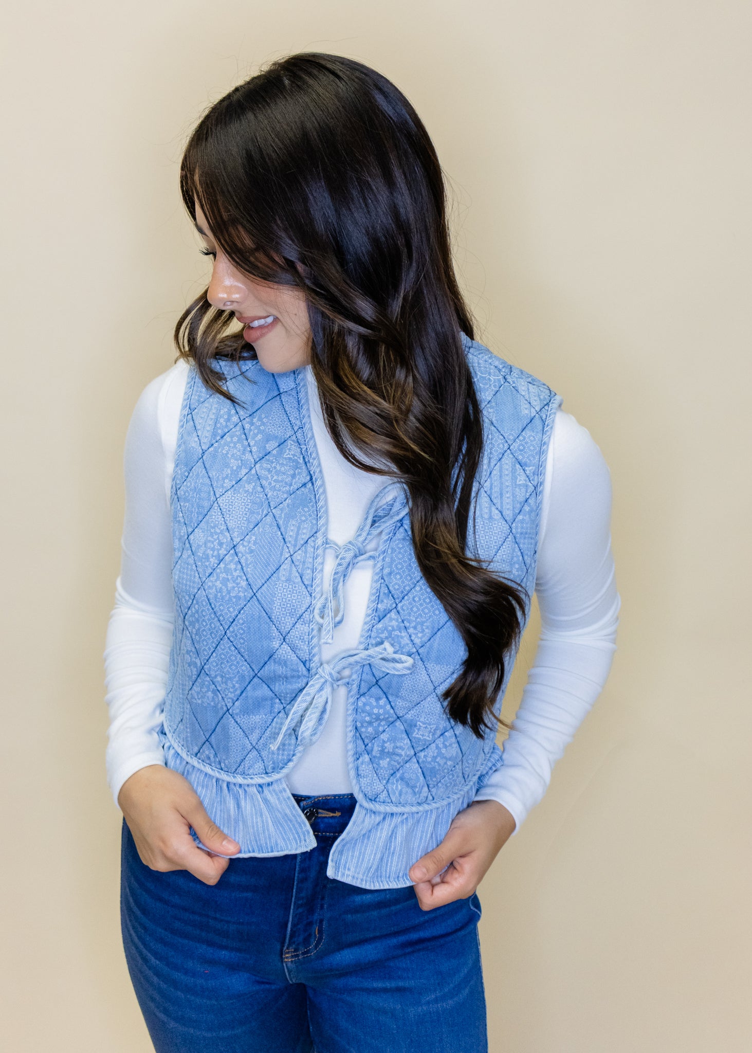Denim Floral Quilted Ruffle Vest