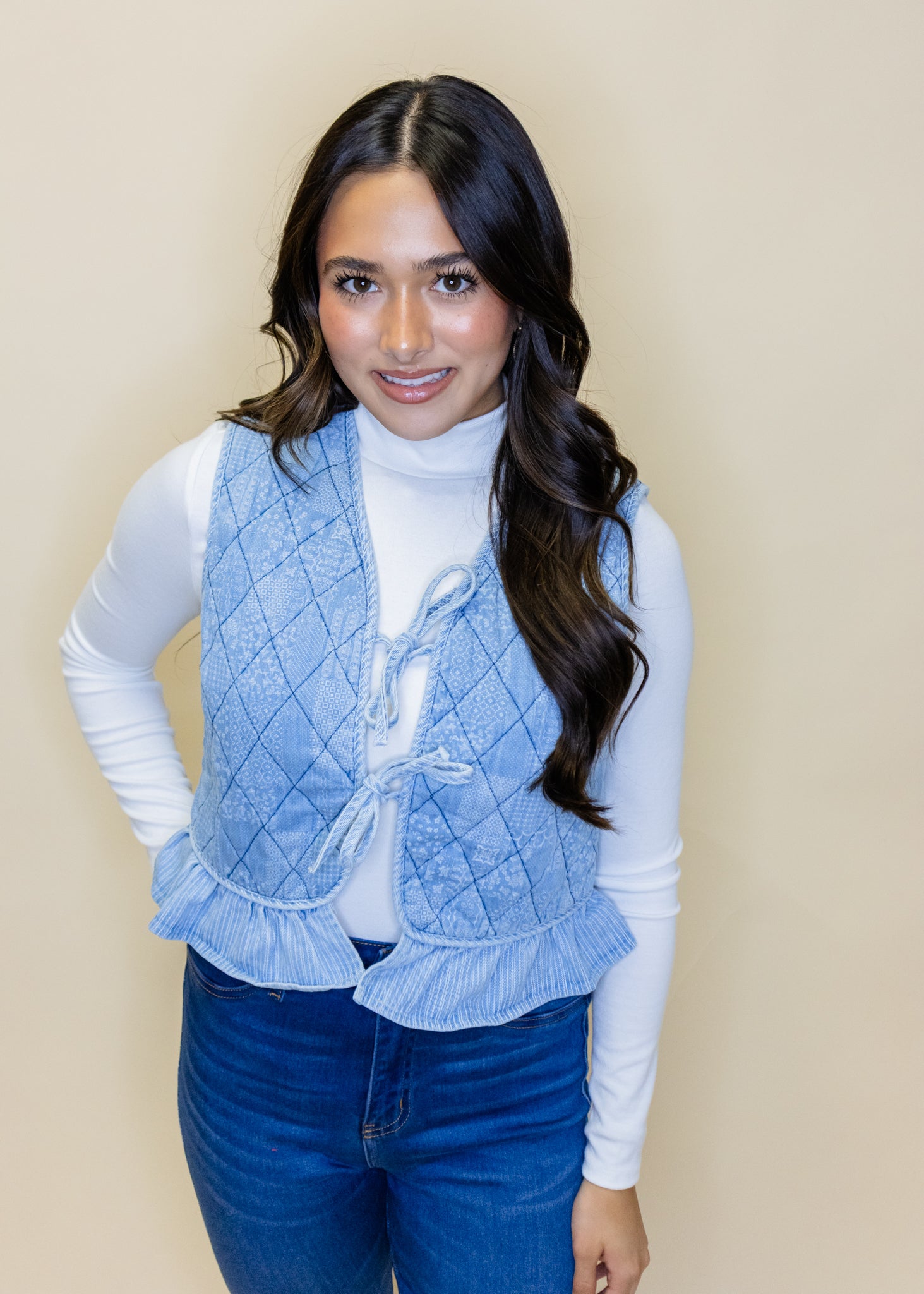 Denim Floral Quilted Ruffle Vest