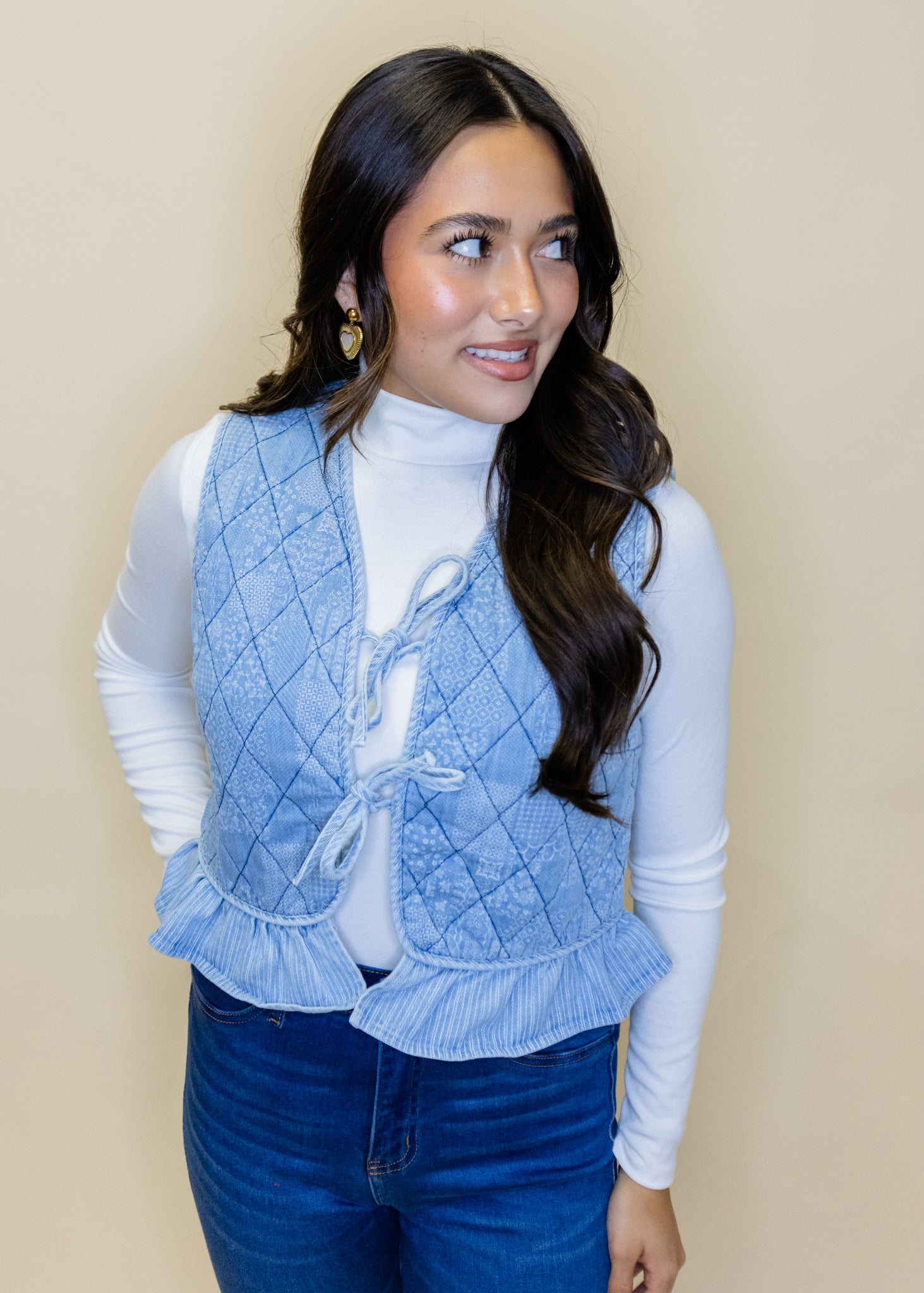 Denim Floral Quilted Ruffle Vest