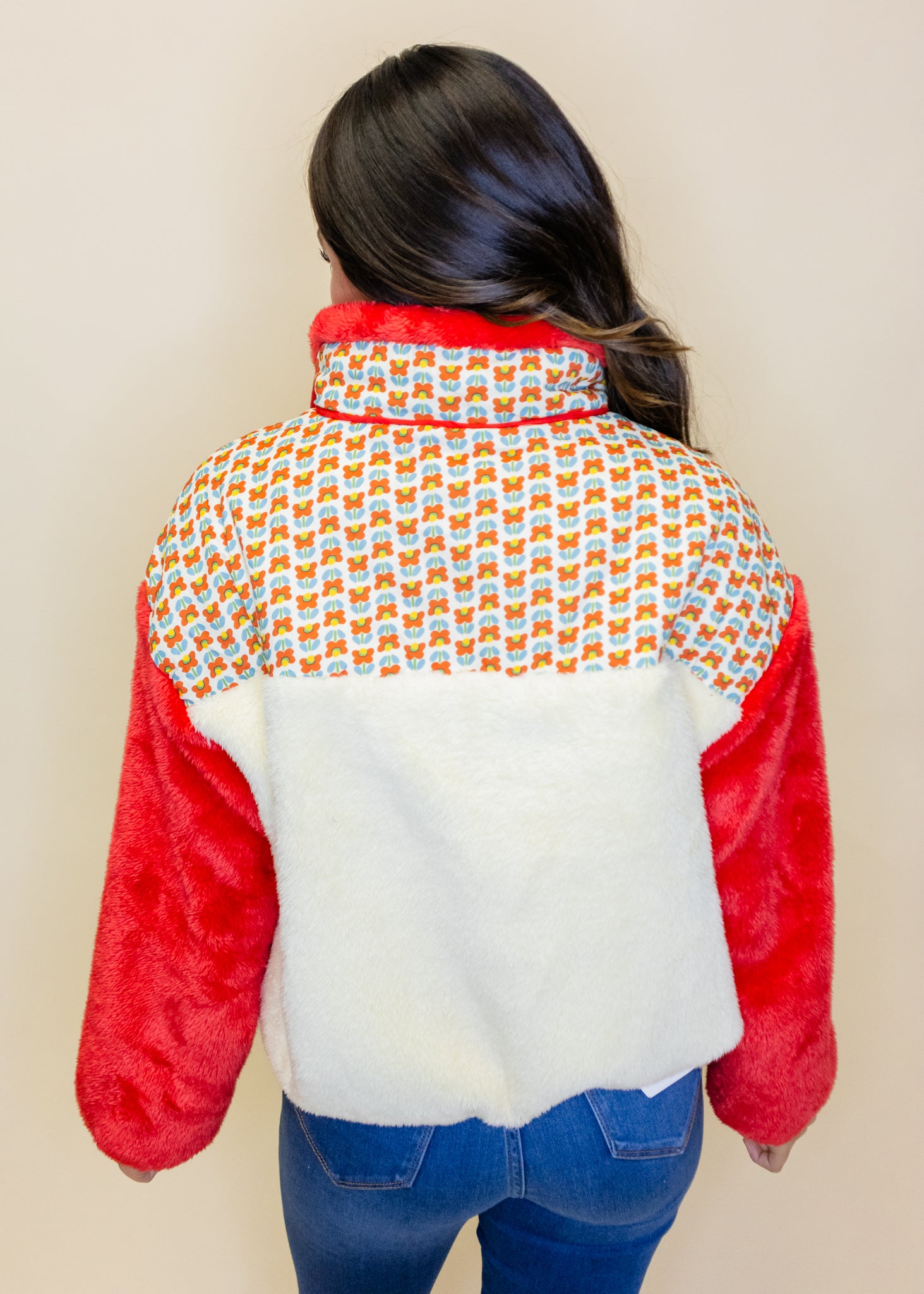 Red & Cream Print Fleece Jacket