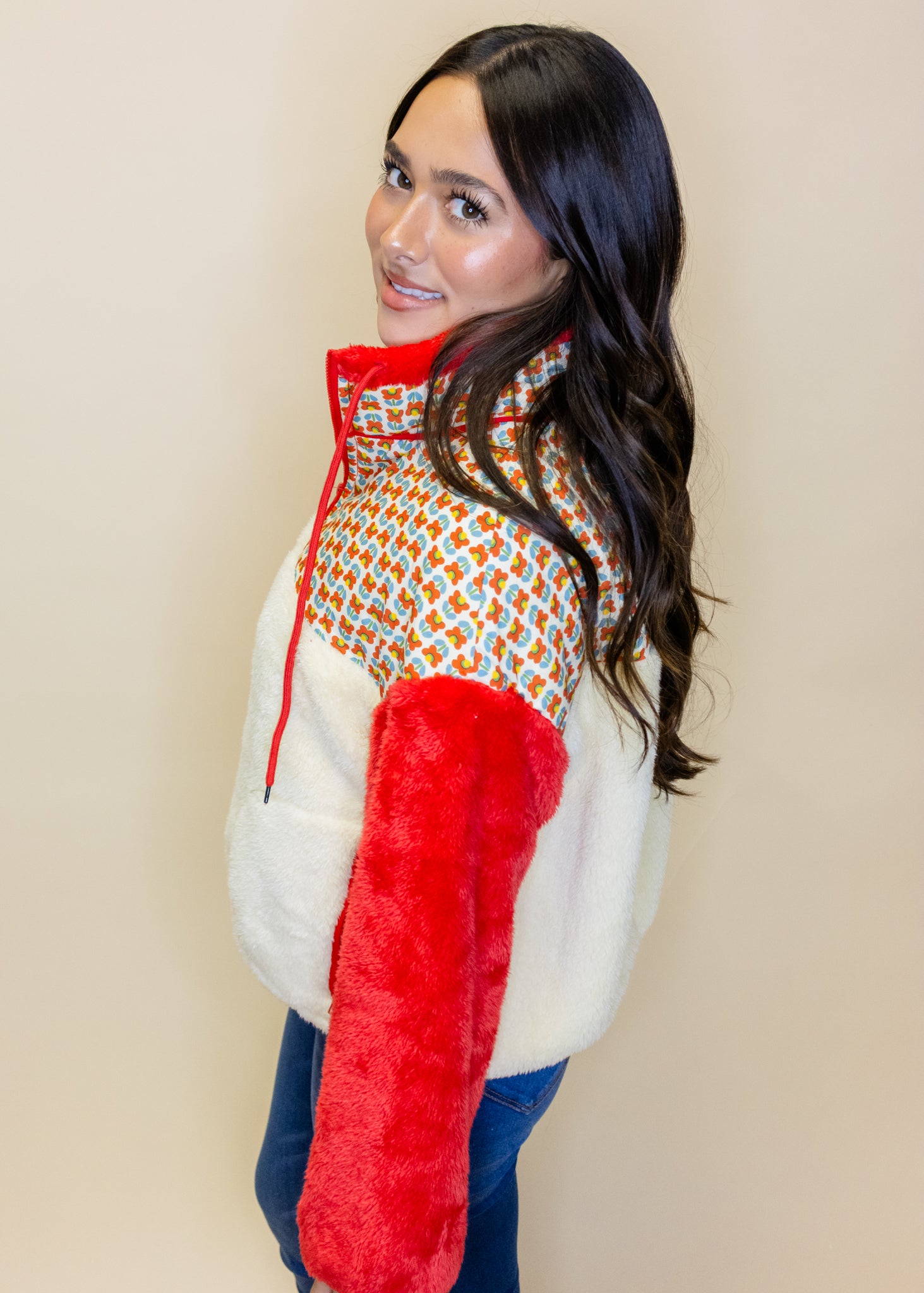 Red & Cream Print Fleece Jacket