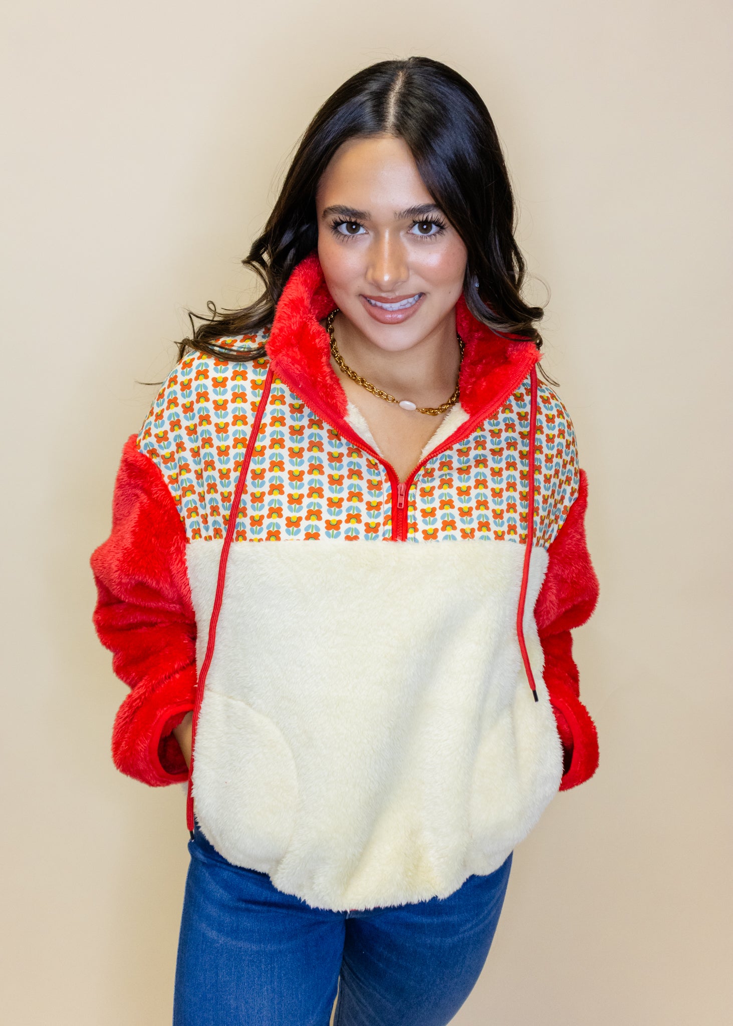 Red & Cream Print Fleece Jacket