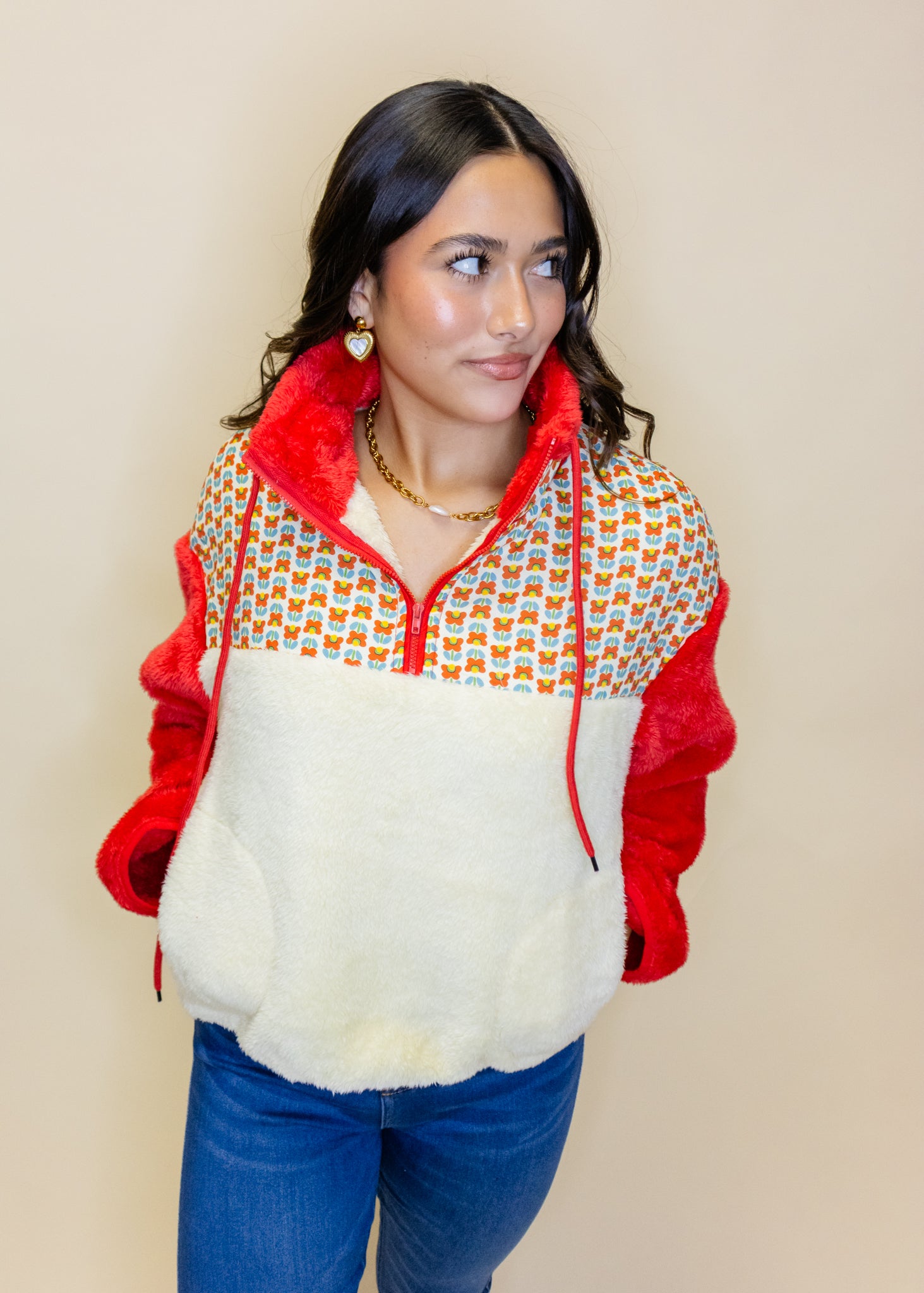 Red & Cream Print Fleece Jacket