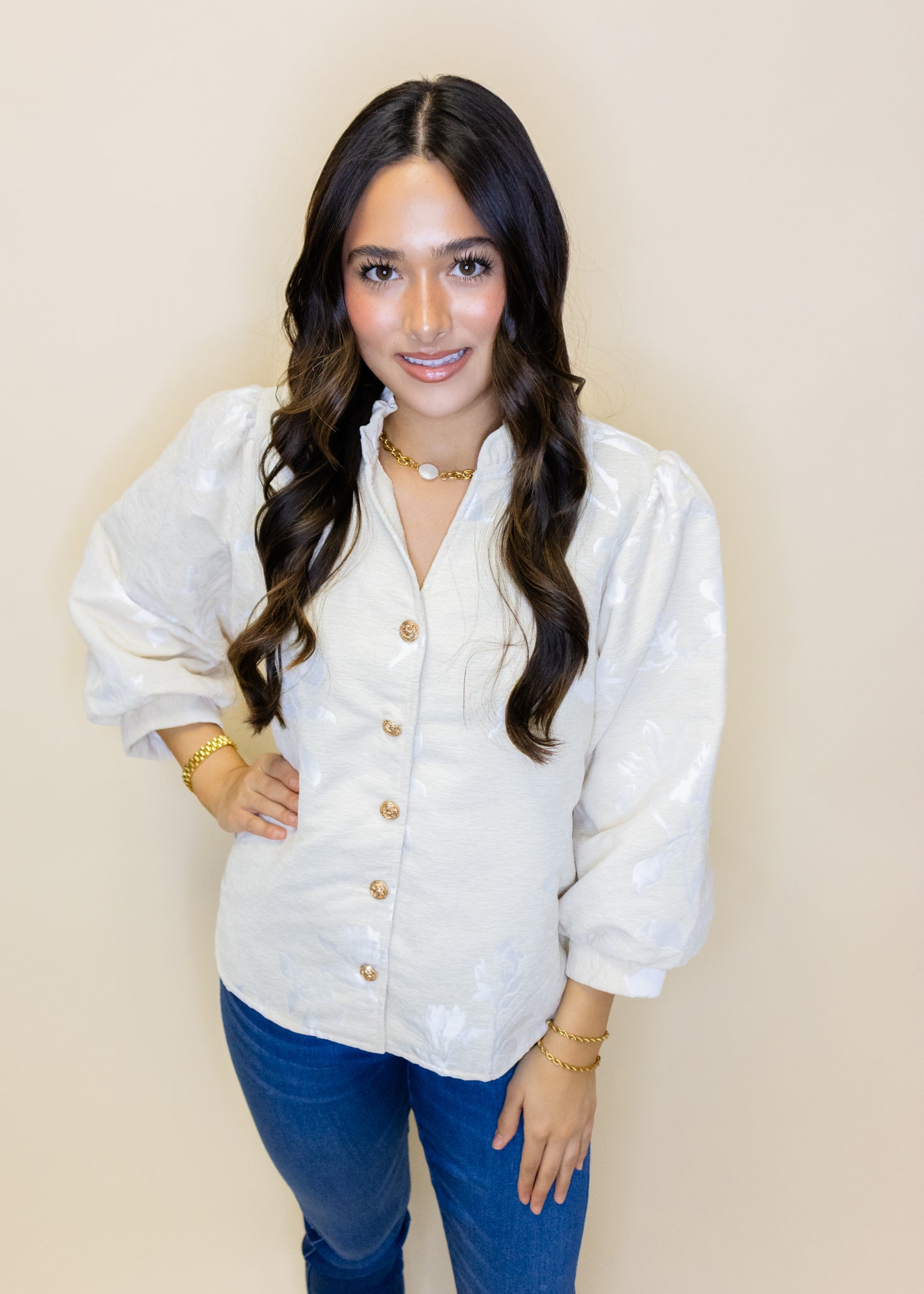 Oatmeal Floral Jacquard Top