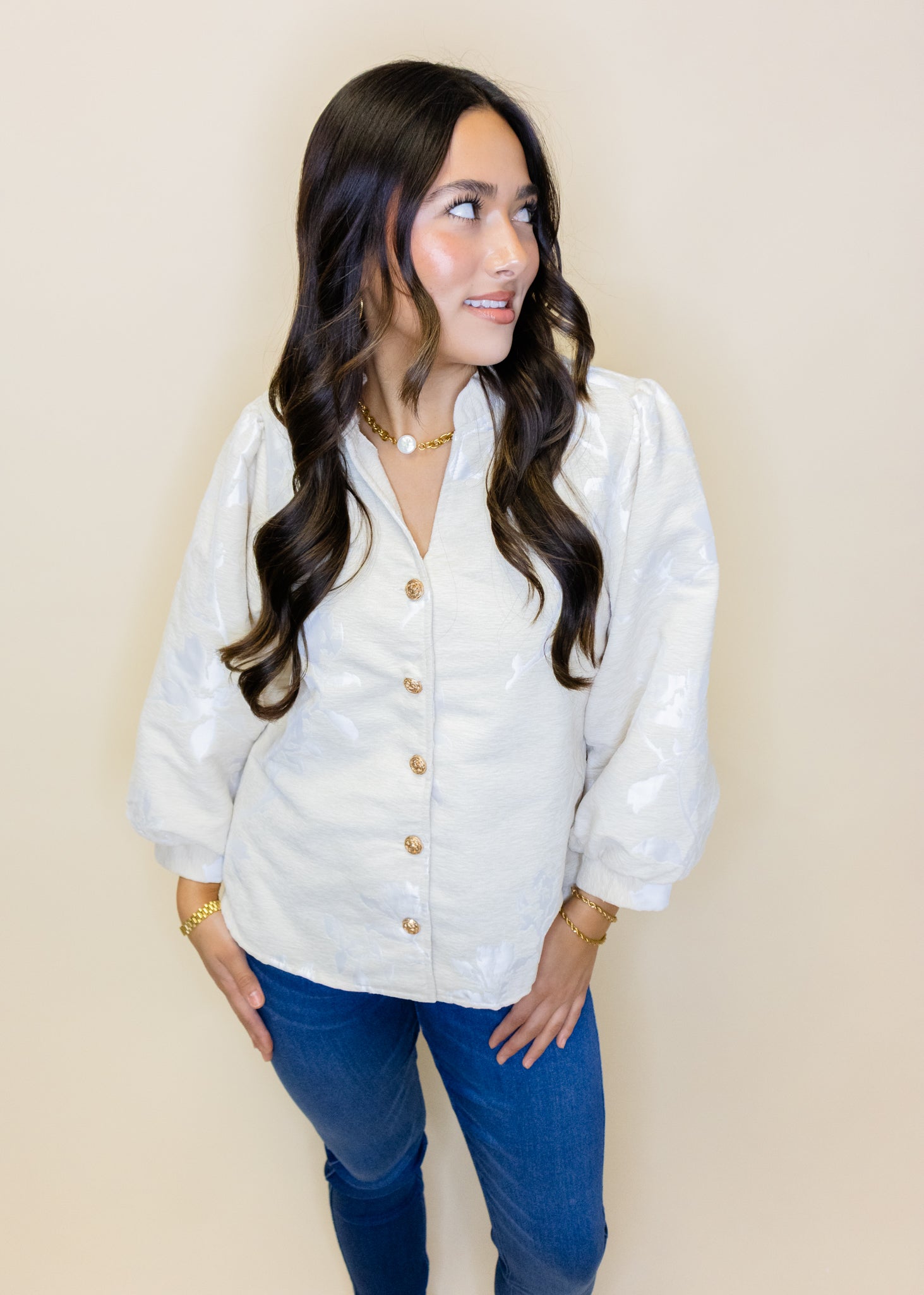 Oatmeal Floral Jacquard Top