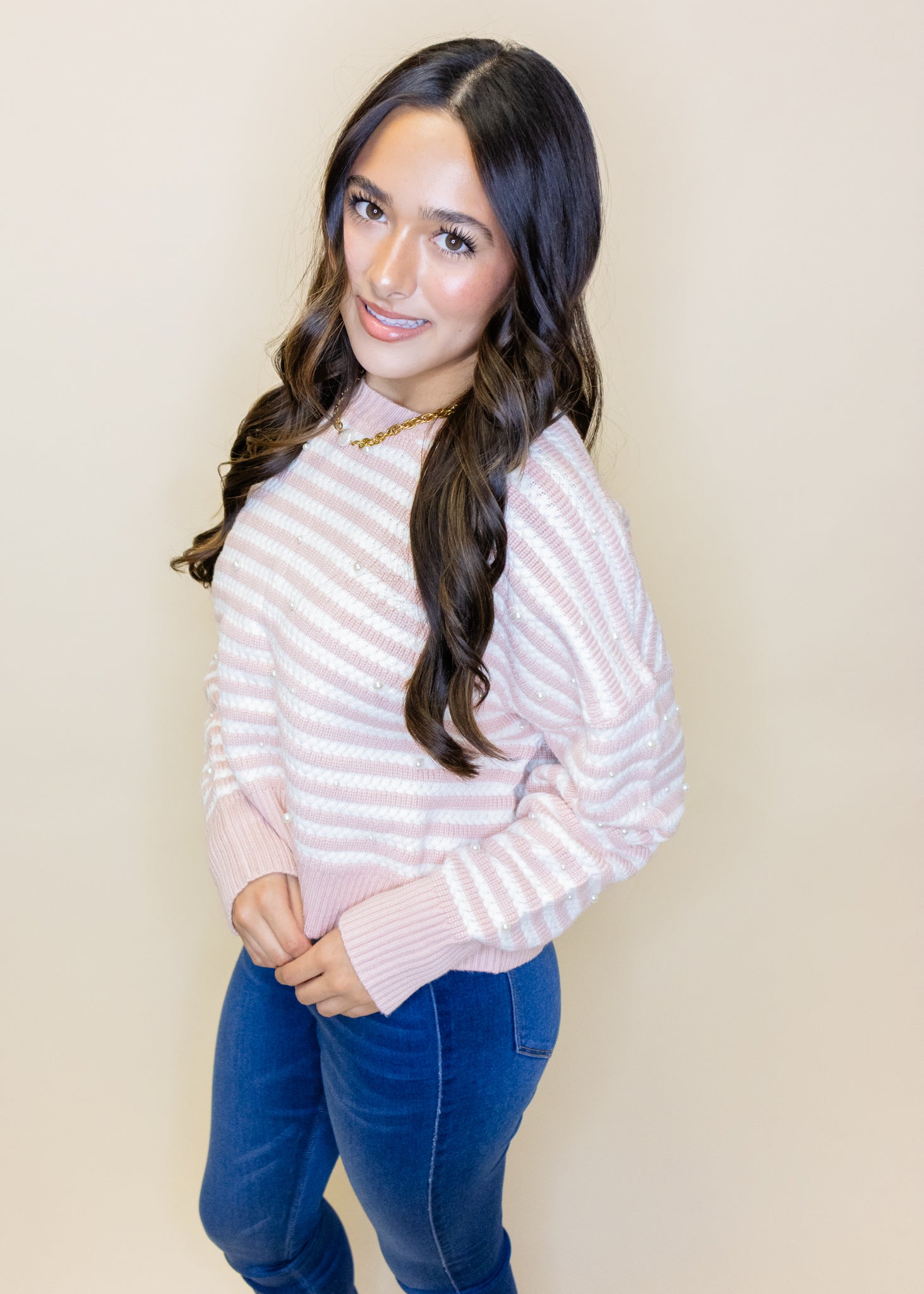 Pink Stripe Pearl Sweater