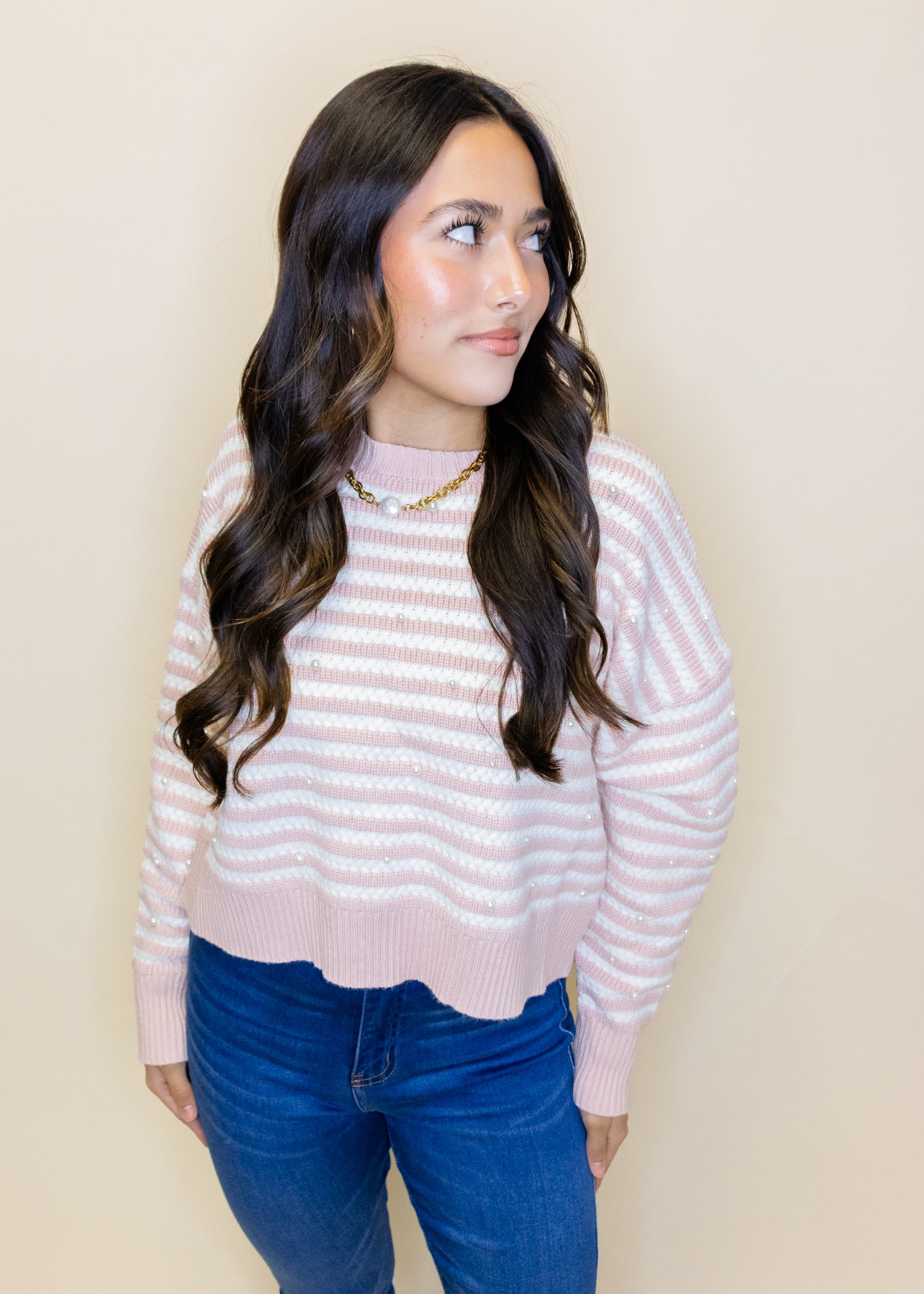 Pink Stripe Pearl Sweater