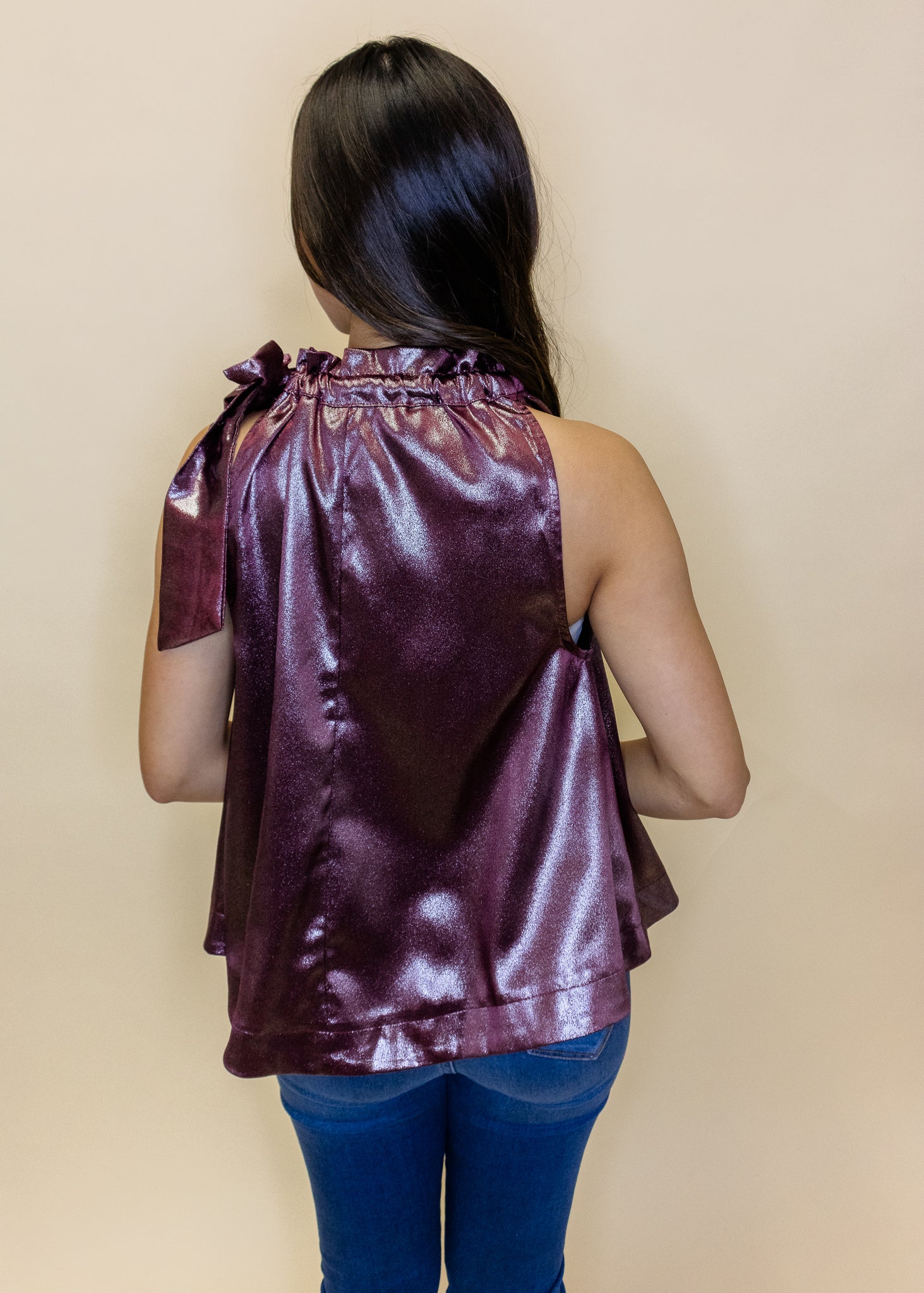 Burgundy Metallic Tie Neck Top
