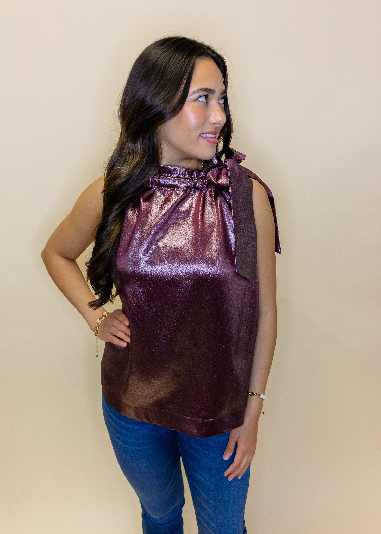 Burgundy Metallic Tie Neck Top