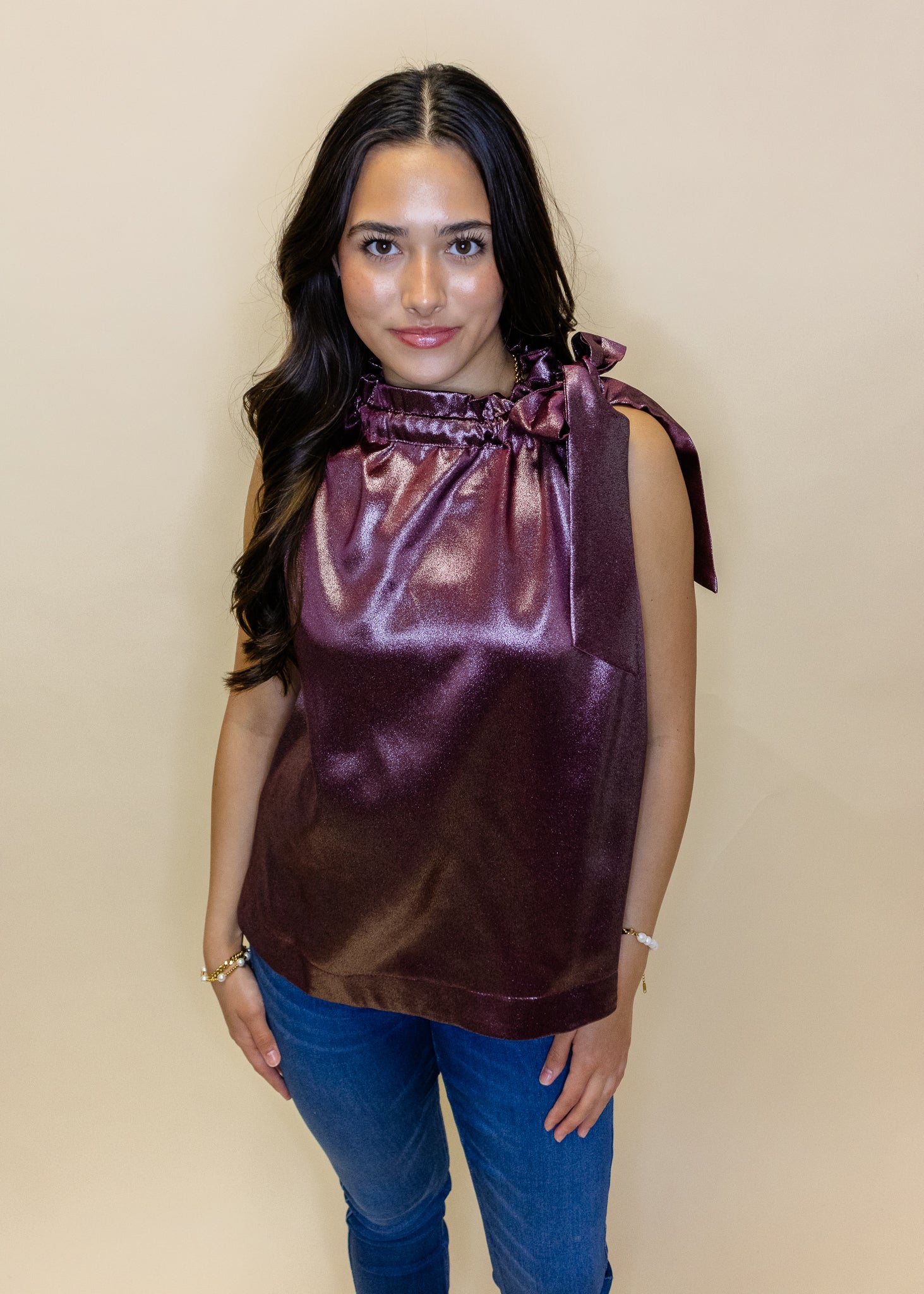 Burgundy Metallic Tie Neck Top
