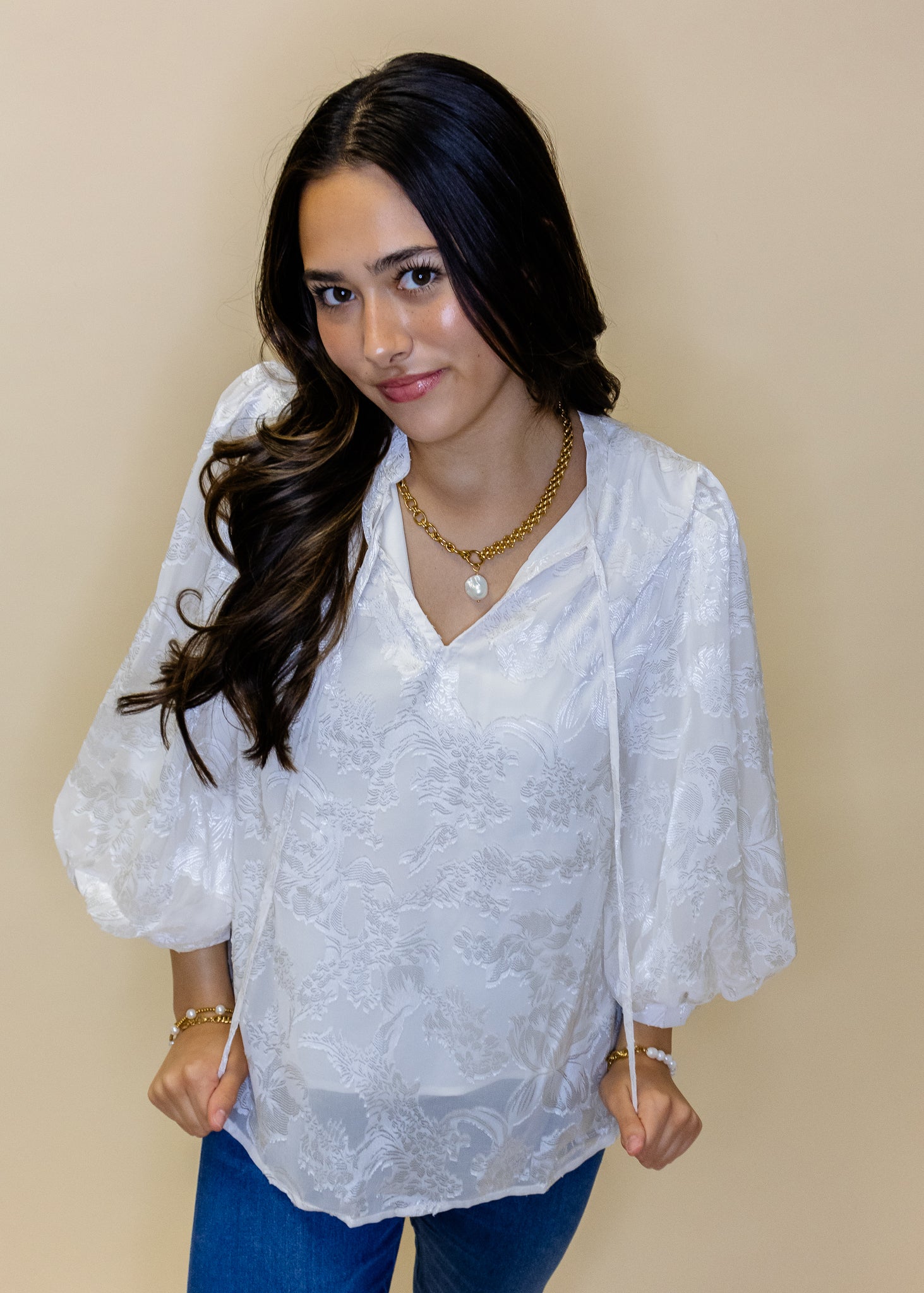 Ivory Floral Embroidered Peasant Top