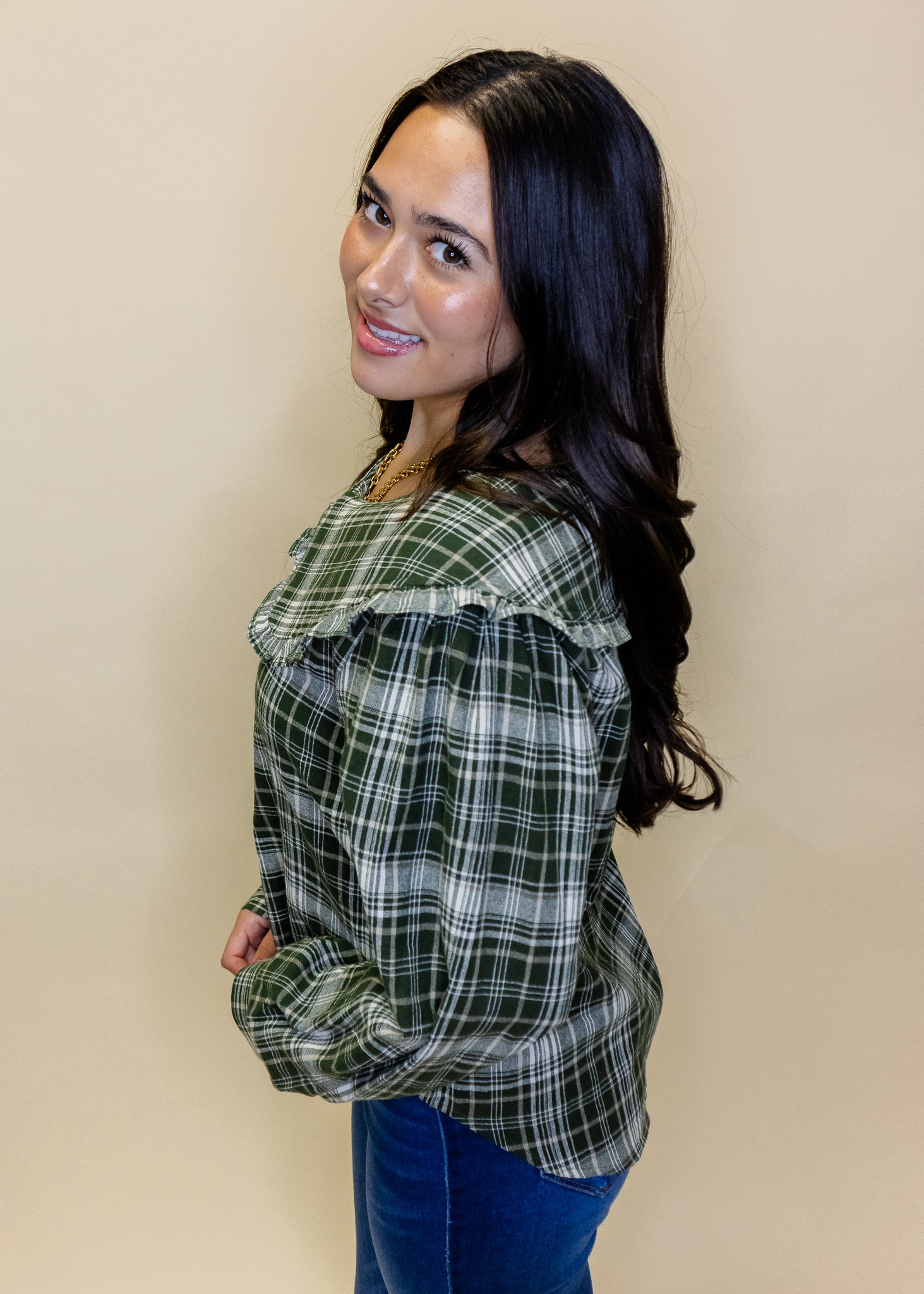 Hunter Green Gingham Peter Pan Collar Top