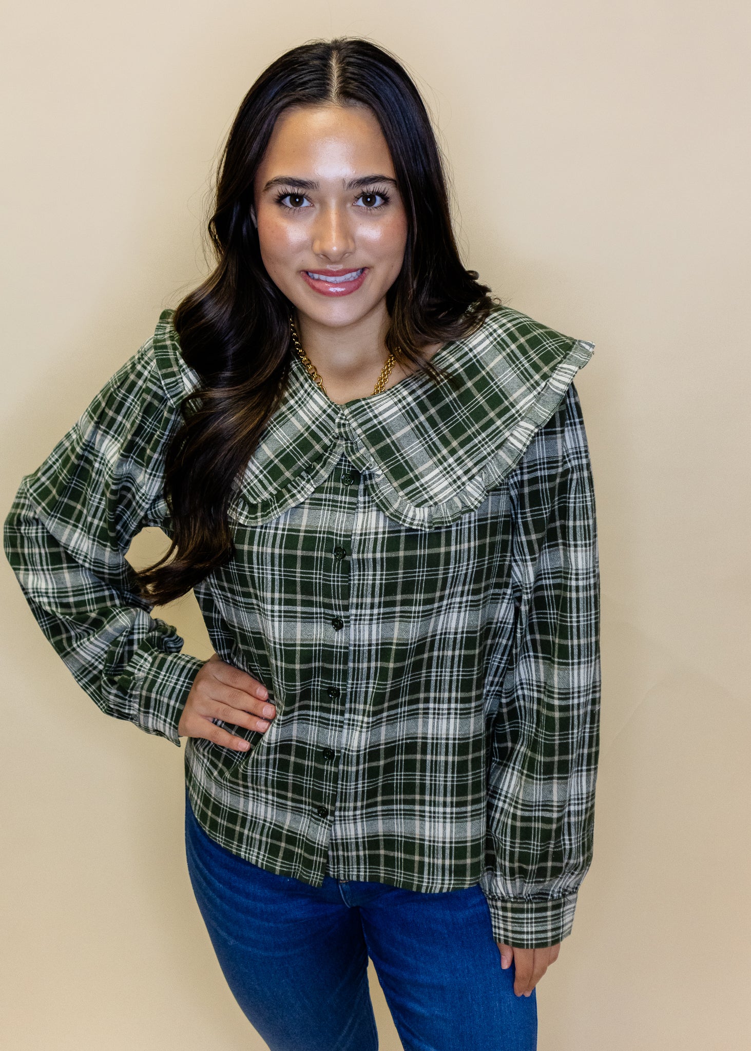 Hunter Green Gingham Peter Pan Collar Top