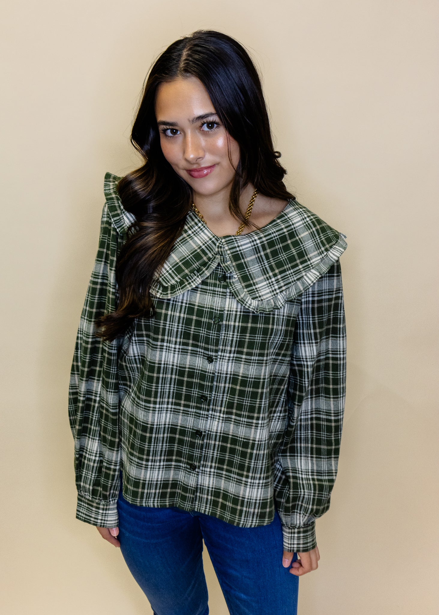 Hunter Green Gingham Peter Pan Collar Top
