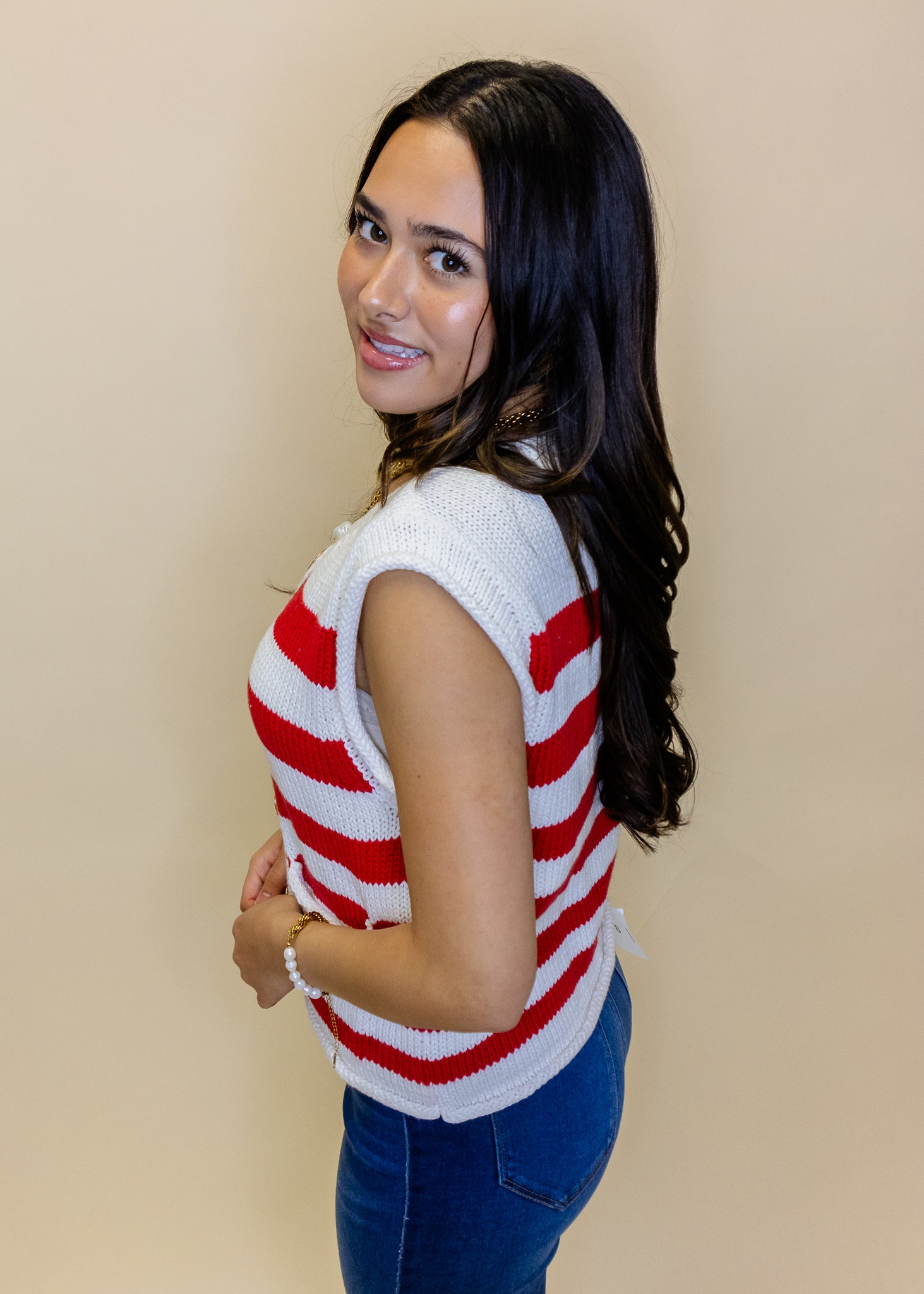 Red Stripe Button Sweater Vest