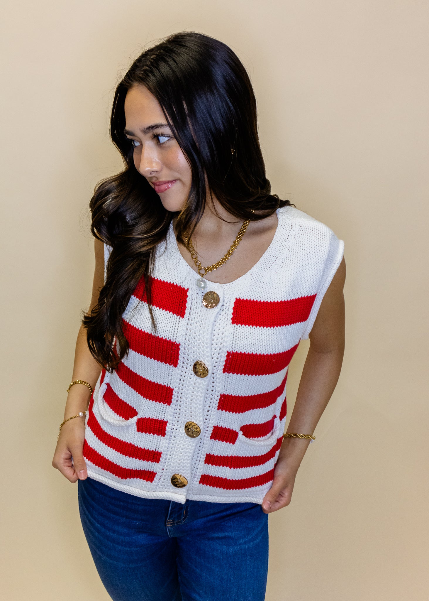 Red Stripe Button Sweater Vest