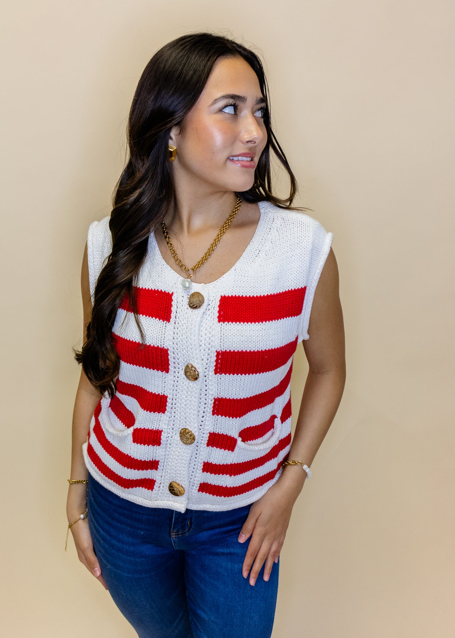 Red Stripe Button Sweater Vest
