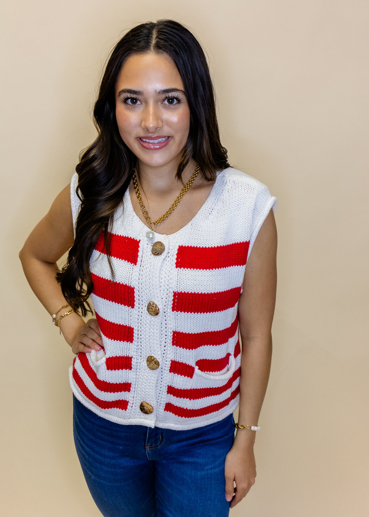 Red Stripe Button Sweater Vest