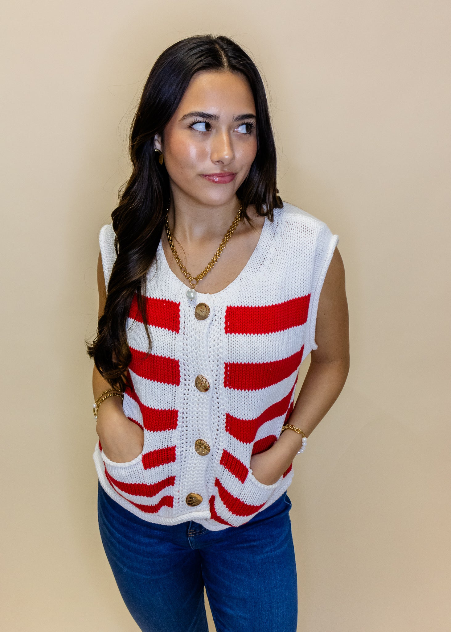 Red Stripe Button Sweater Vest