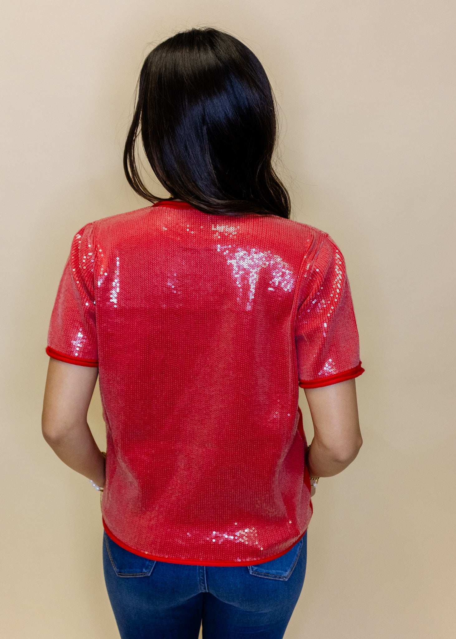 Red Sequin Short Sleeve Top