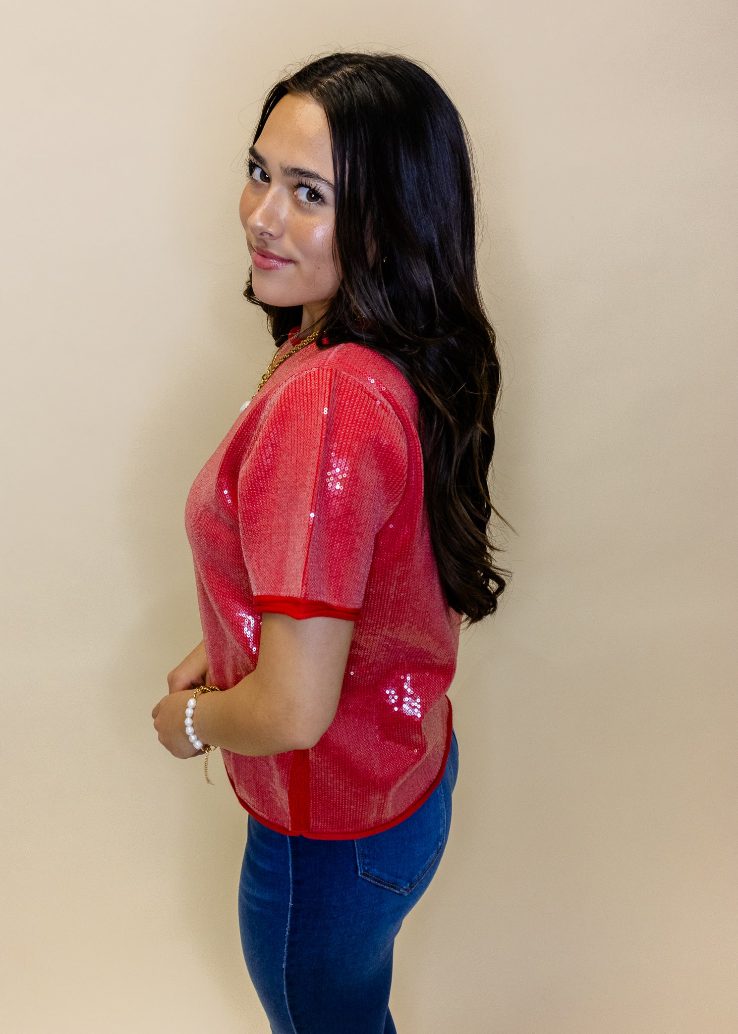 Red Sequin Short Sleeve Top