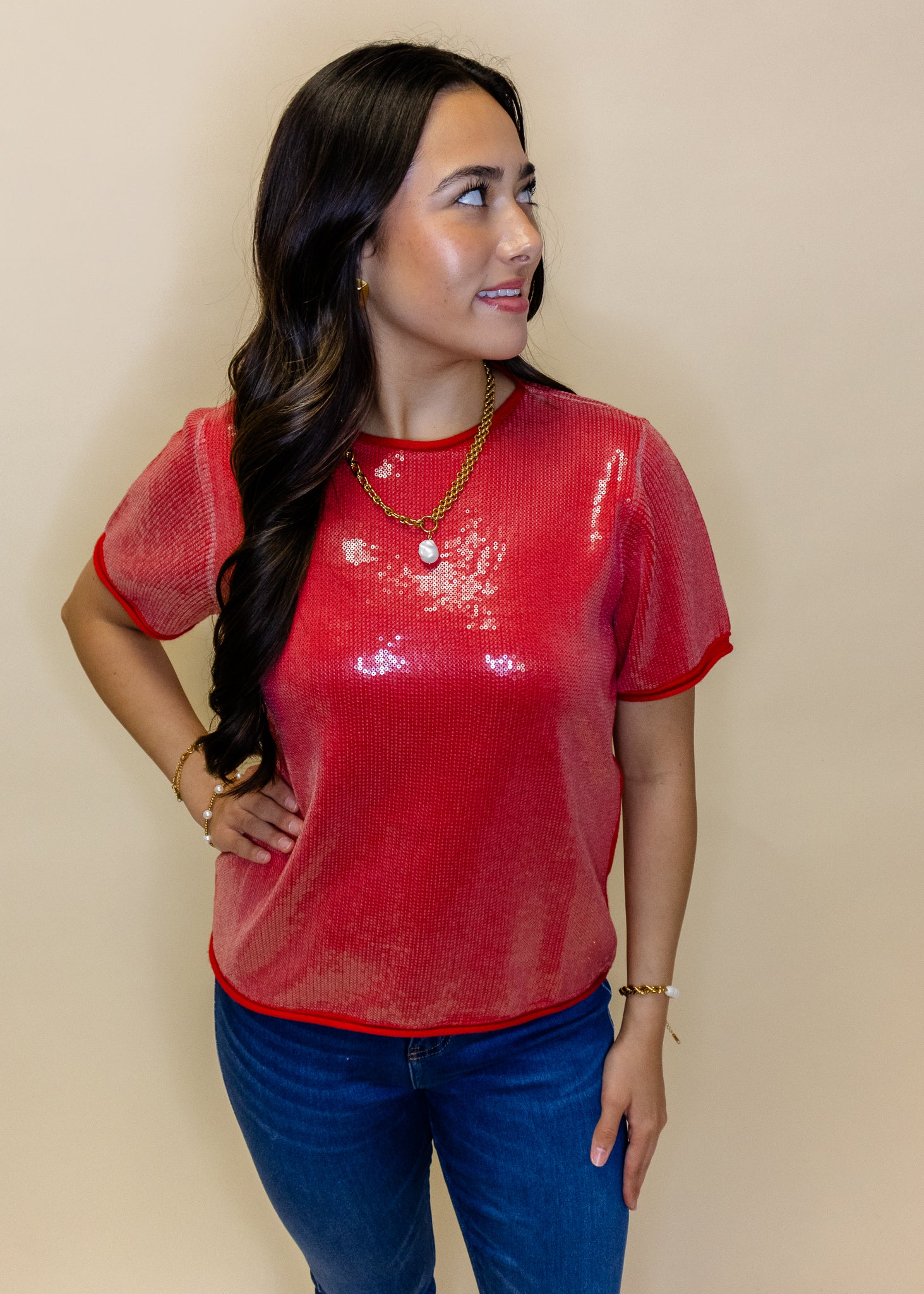 Red Sequin Short Sleeve Top