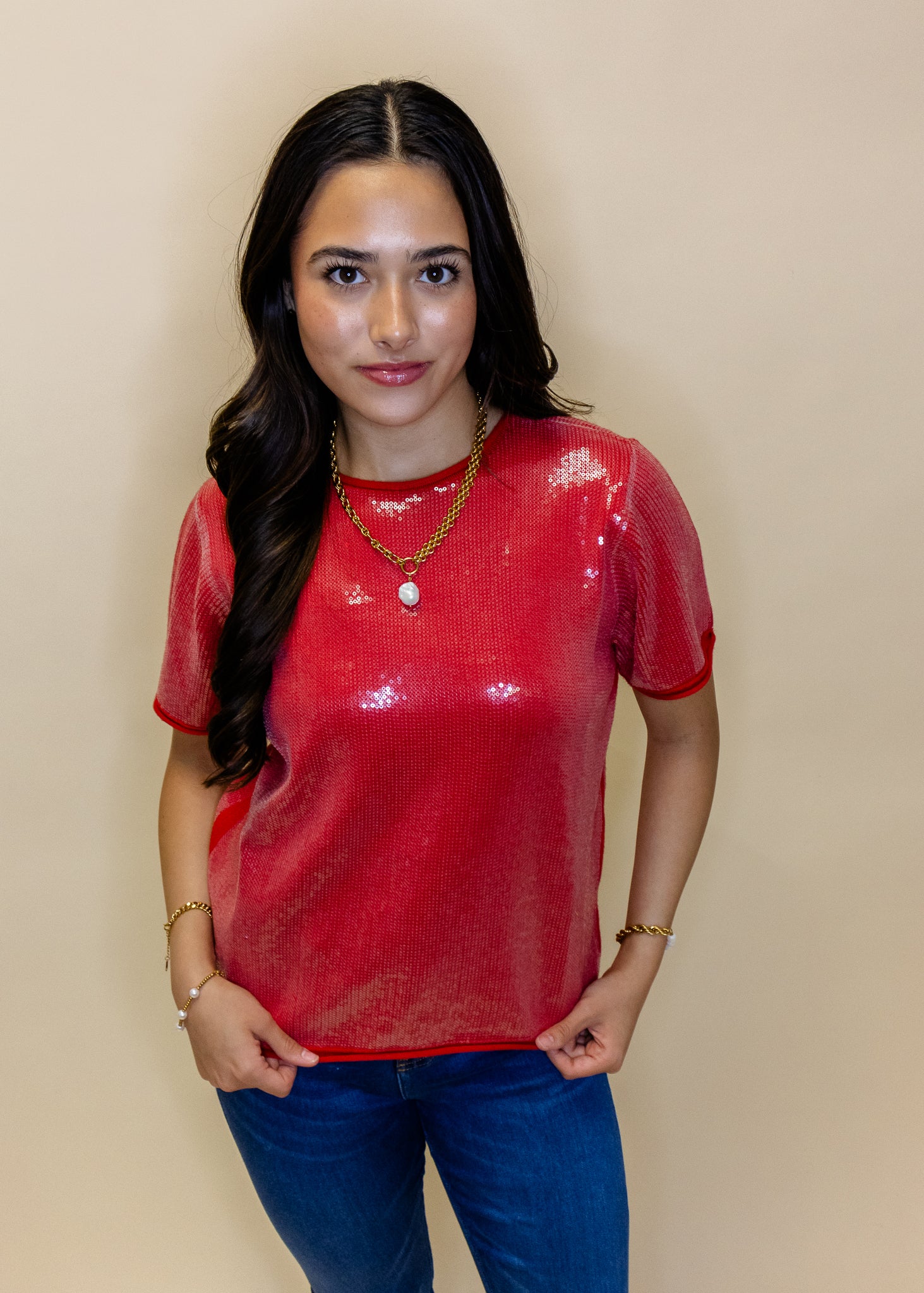 Red Sequin Short Sleeve Top