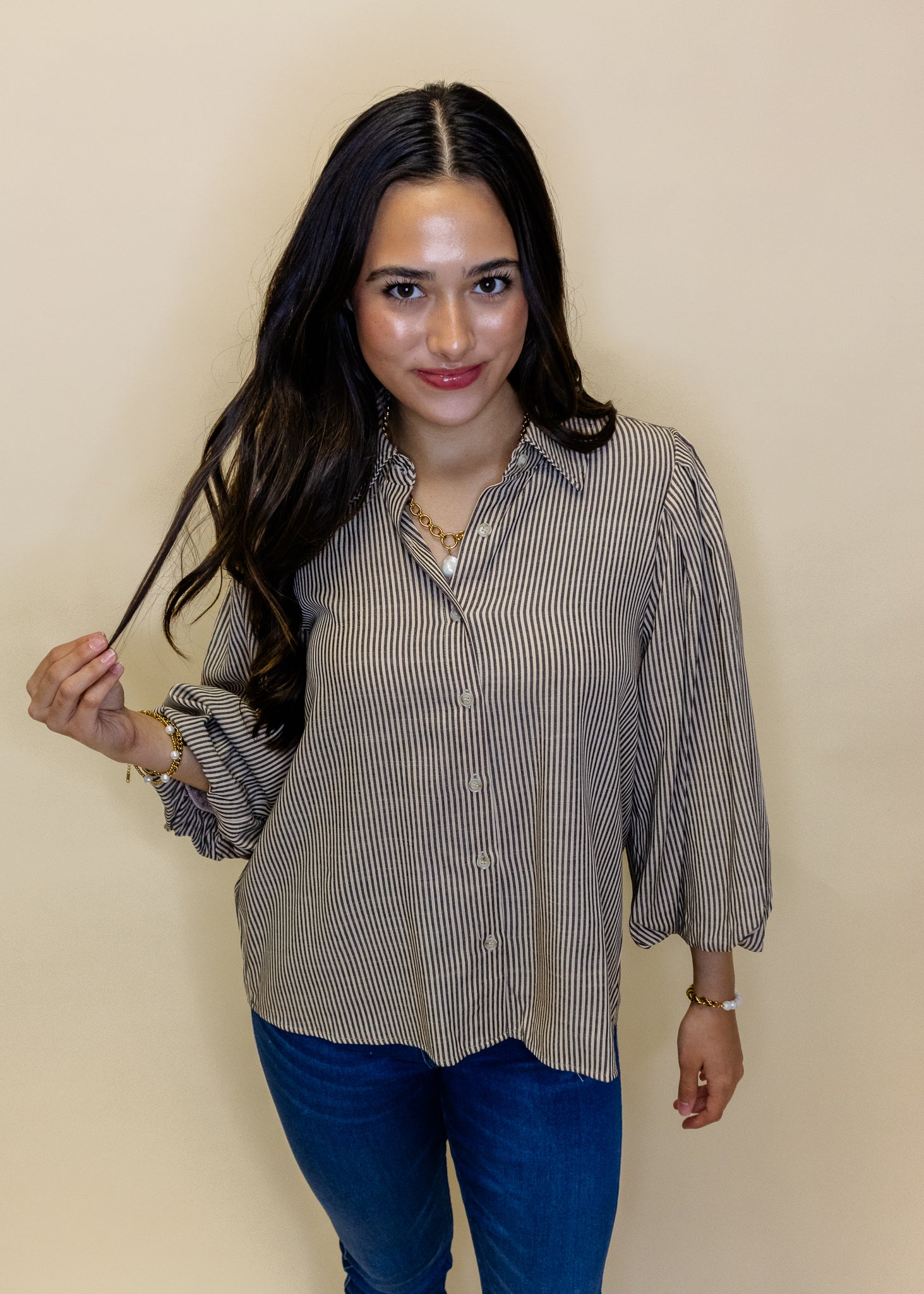 Taupe Stripe Puff Sleeve Top