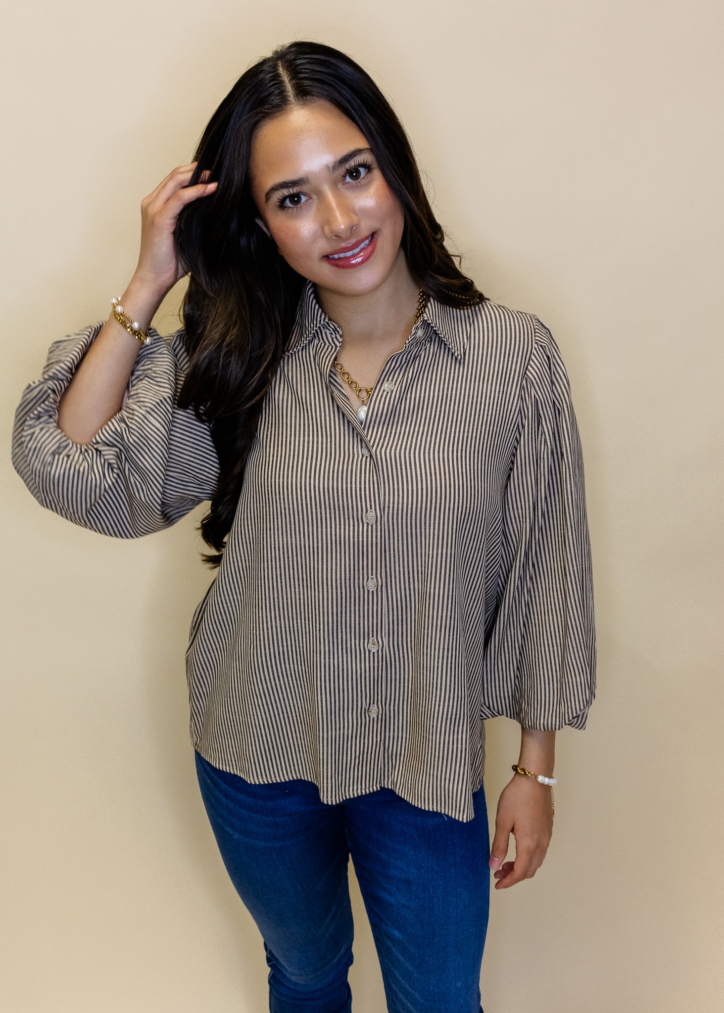 Taupe Stripe Puff Sleeve Top