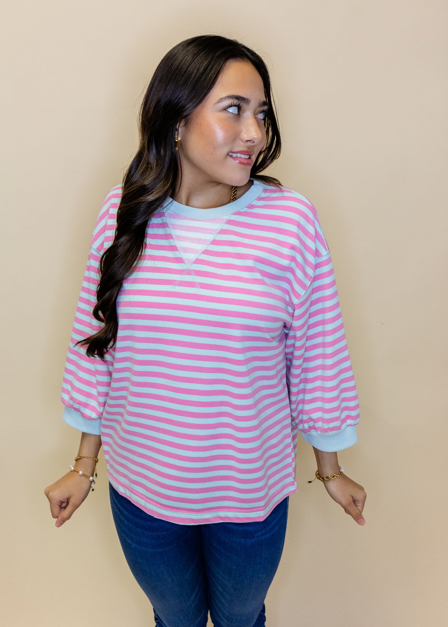 Pink Stripe 3/4 Sleeve Top