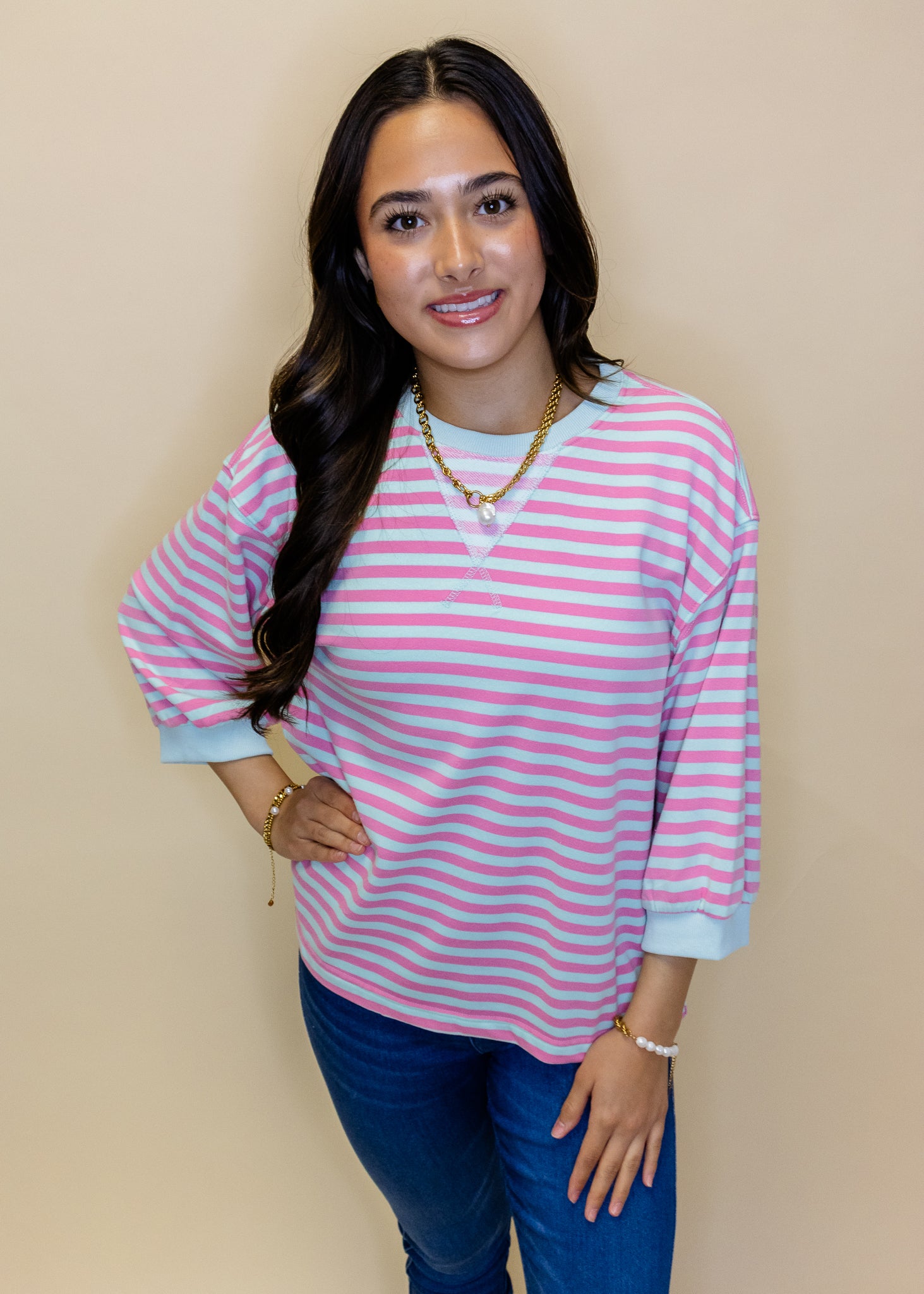 Pink Stripe 3/4 Sleeve Top