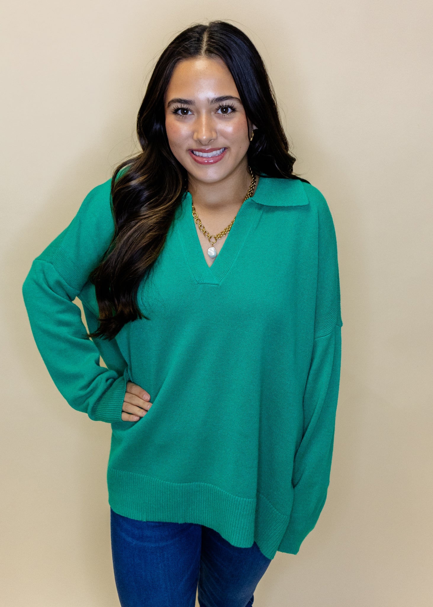 Kelly Green V-Neck Sweater