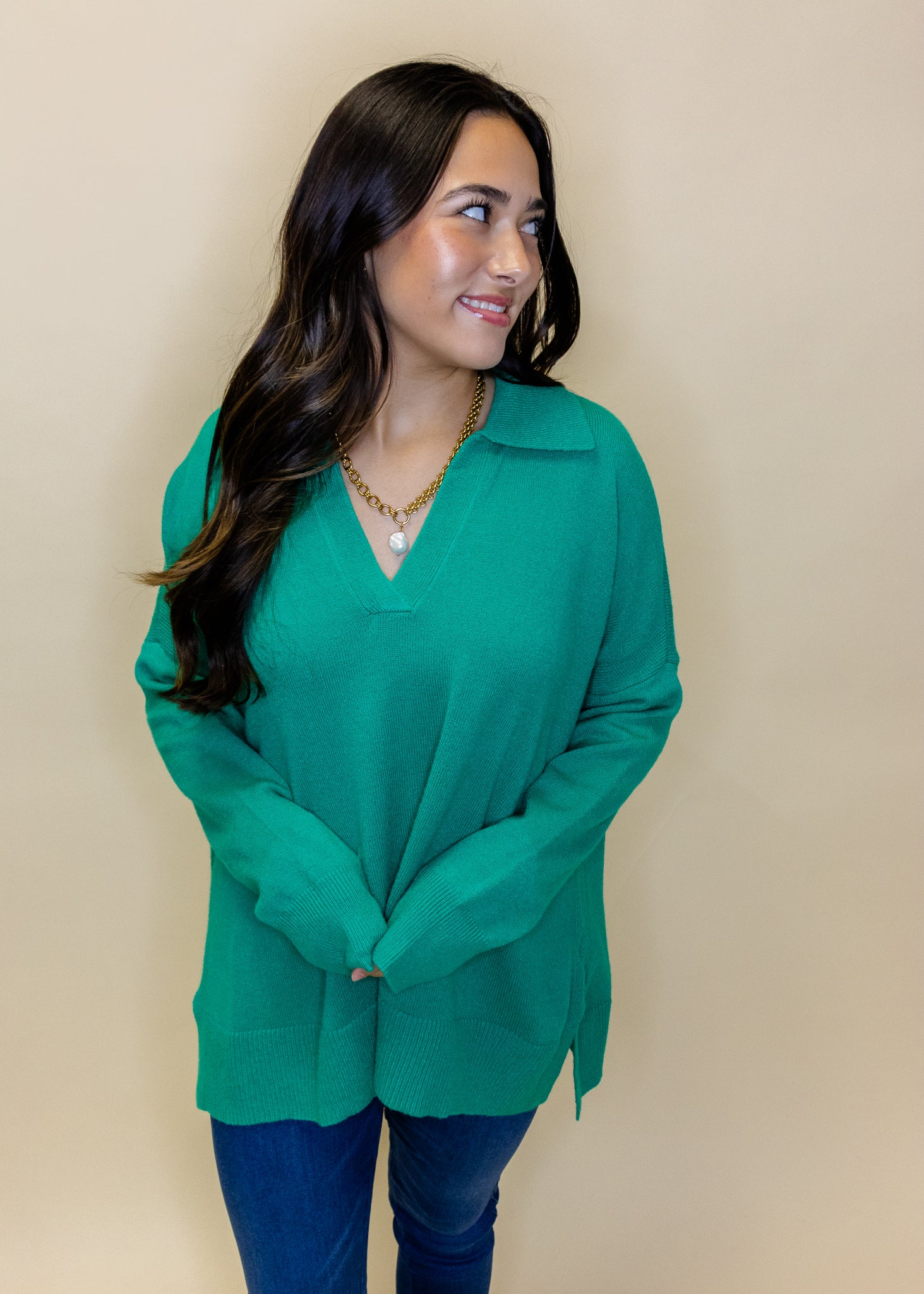Kelly Green V-Neck Sweater