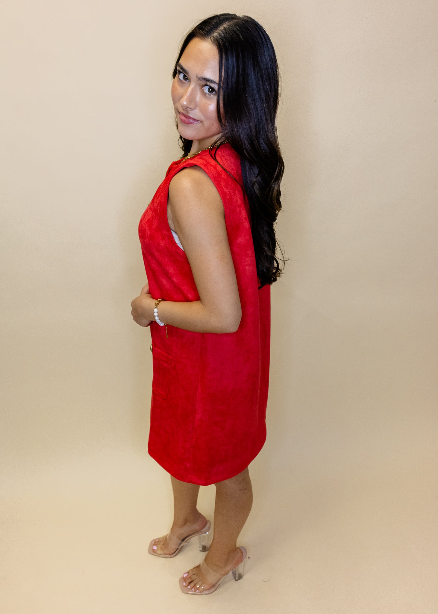 Red Suede Gold Button Dress