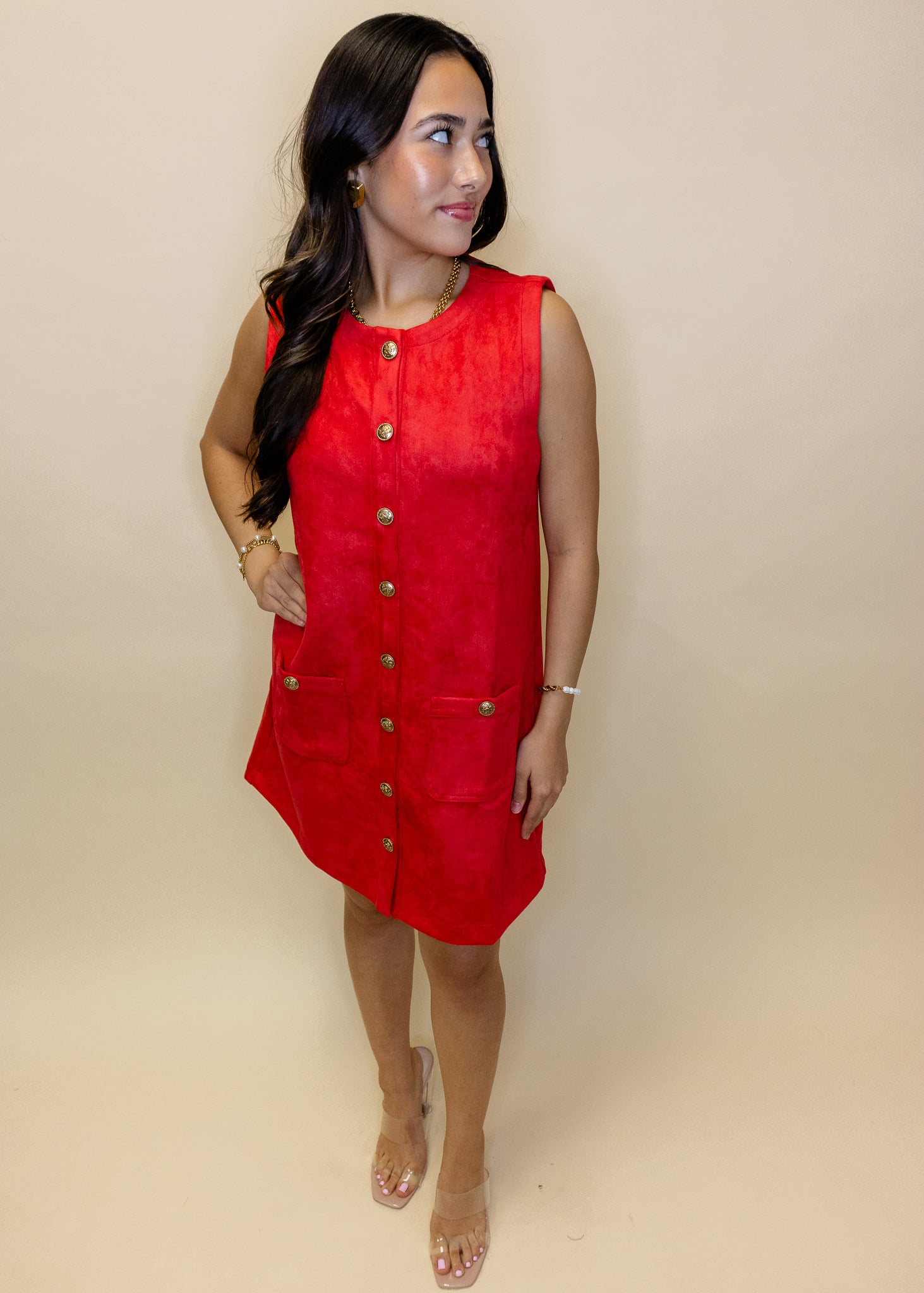 Red Suede Gold Button Dress