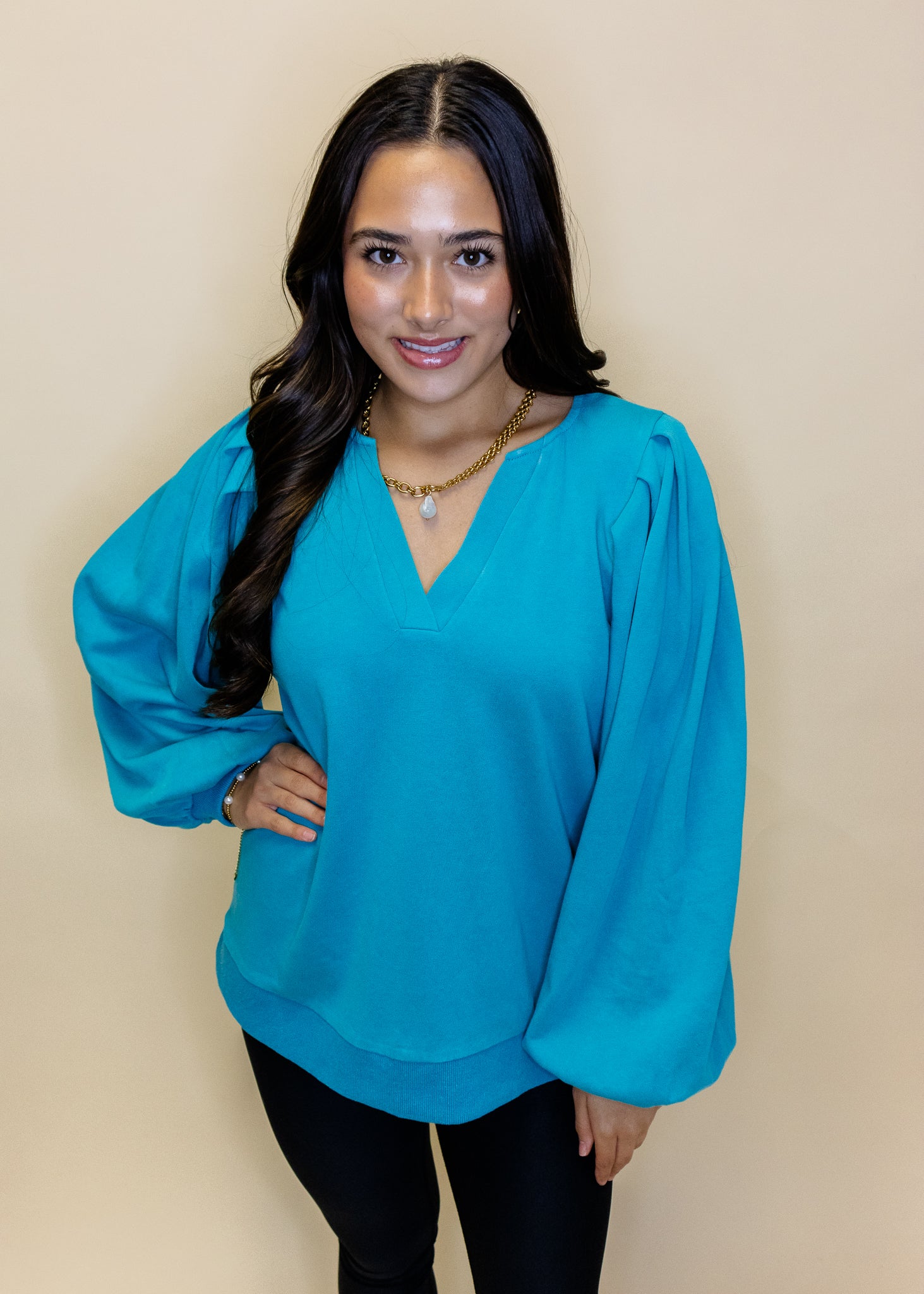 Turquoise Washed Pleated Sleeve Top