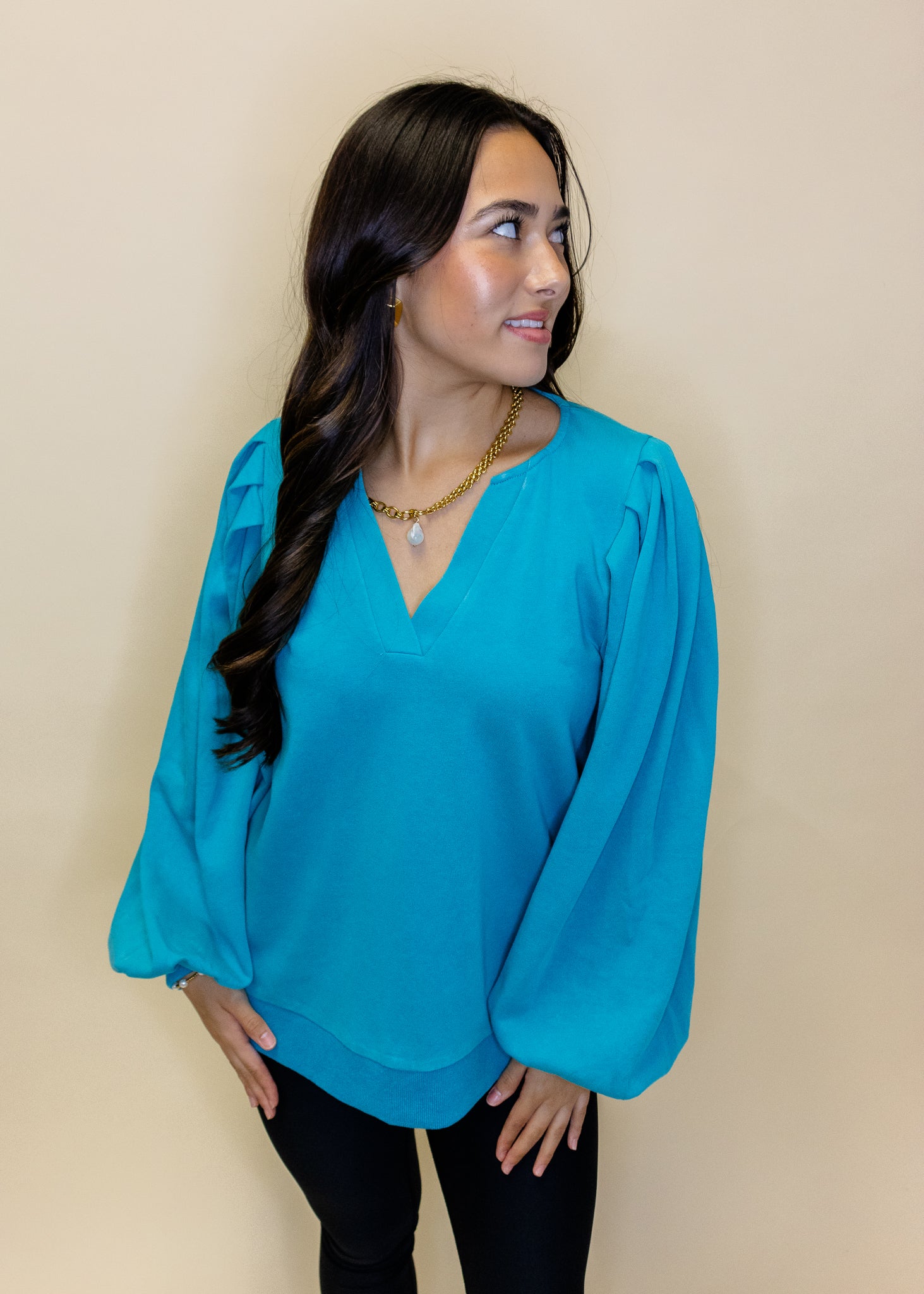 Turquoise Washed Pleated Sleeve Top