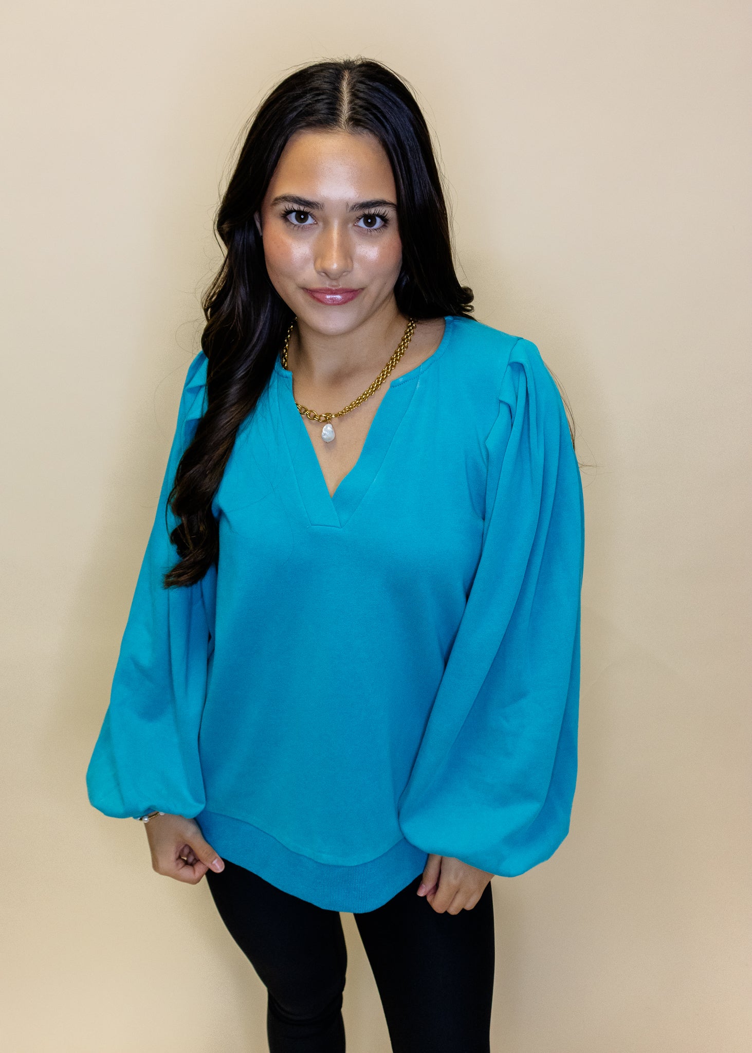 Turquoise Washed Pleated Sleeve Top