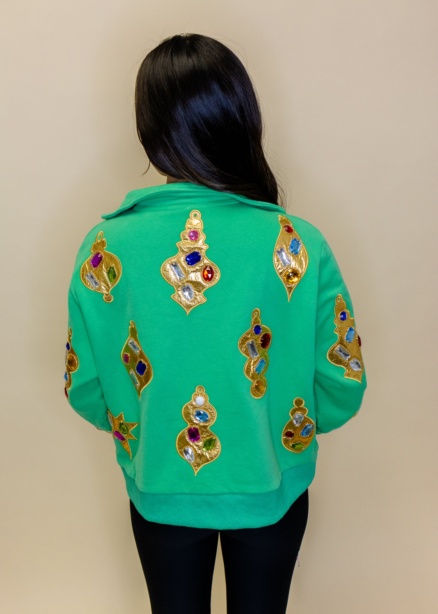 Green & Gold Jeweled Ornament Collar Sweatshirt