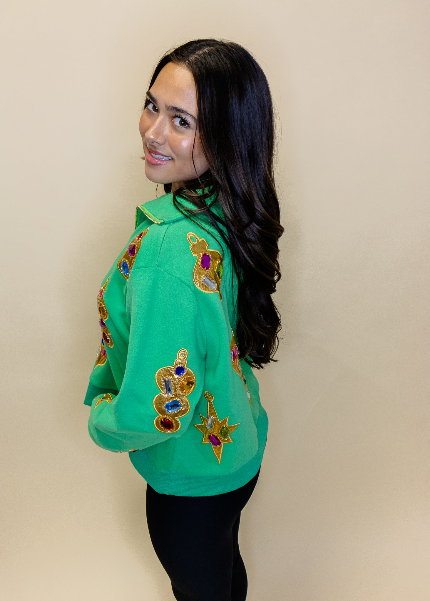 Green & Gold Jeweled Ornament Collar Sweatshirt